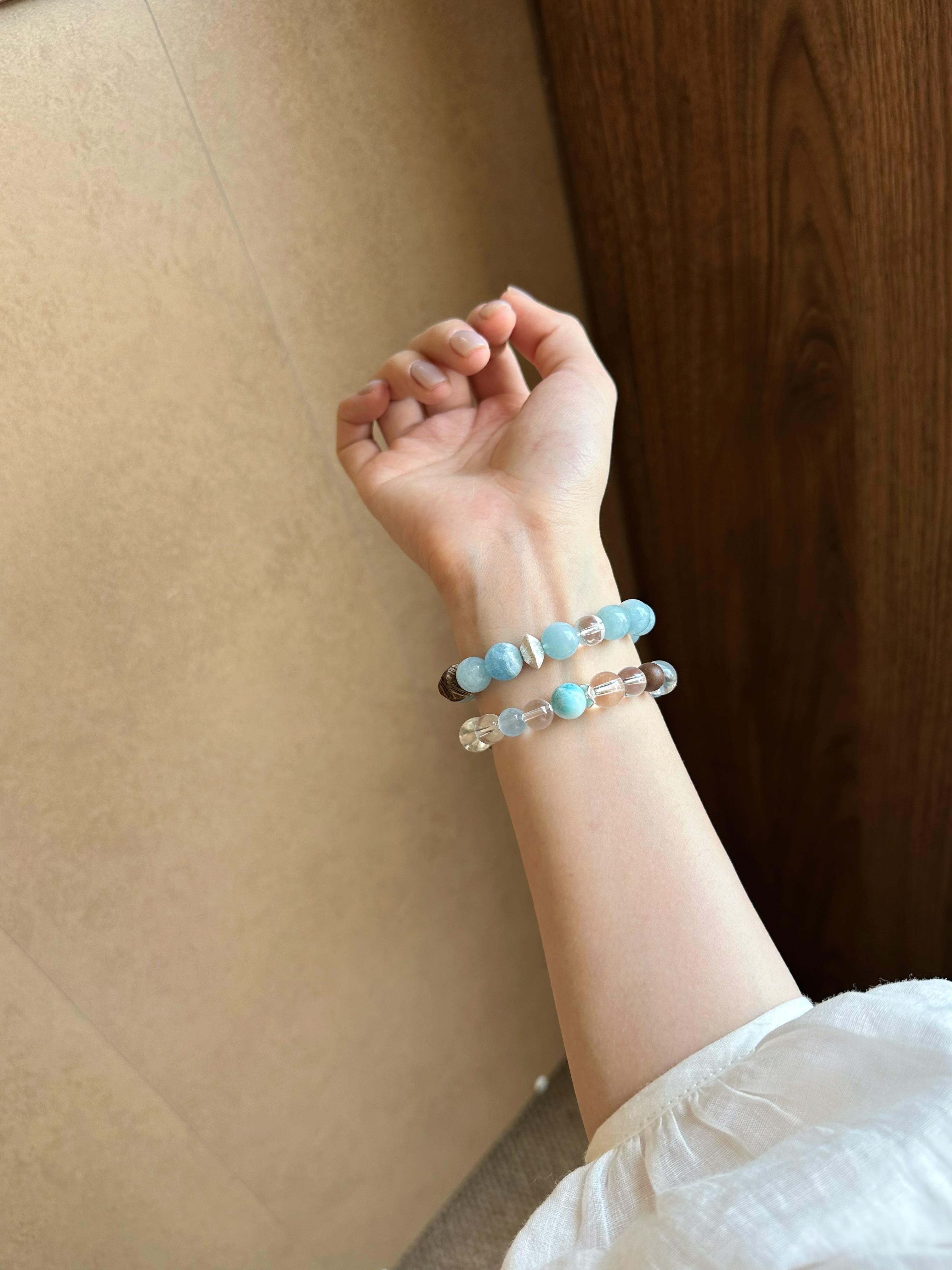 Taoist Water Element Bracelet | Rowan「Sunny Misty Mtn」Clear Quartz, Glacial Aquamarine & Larimar Bracelet （Protection, Health & Luck）