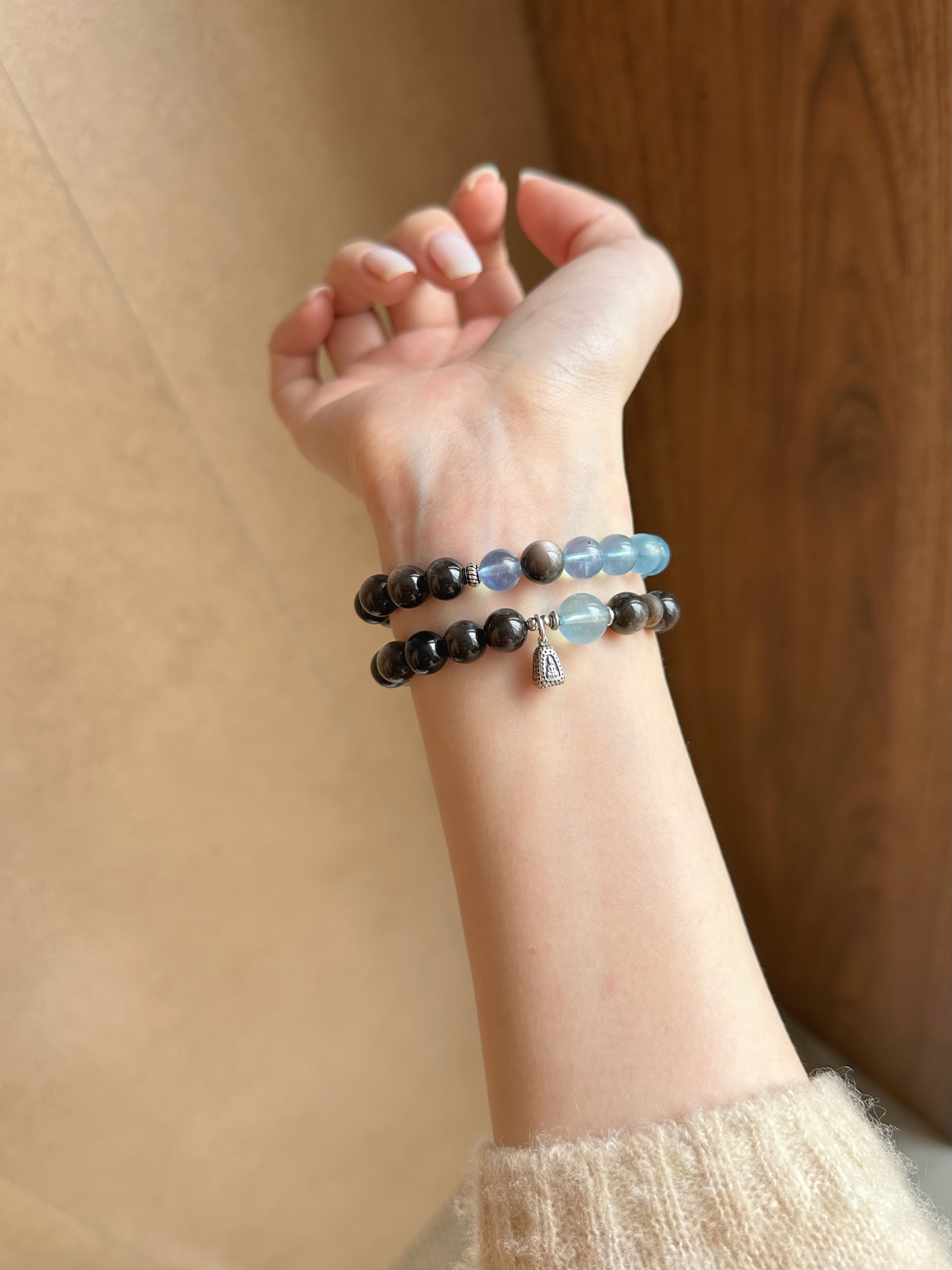 Taoist Water Element Bracelet | Rowan「 Rainy Clear Mtn」Silver Obsidian & Glacial Aquamarine Bracelet （Protection, Health & Luck）