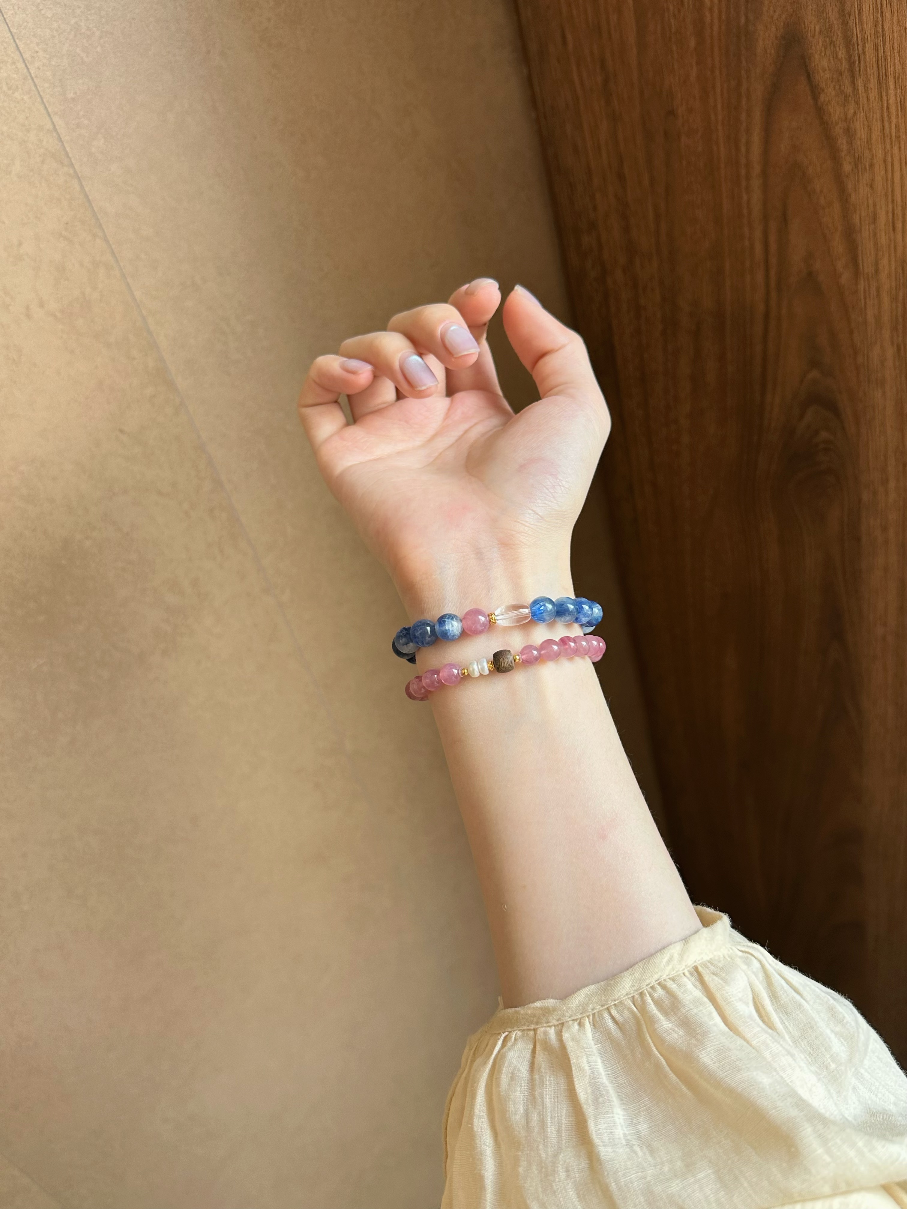 Taoist Water Element Bracelet | Rowan「Serene Riverside Orchid」Blue Apatite, Clear Quartz & Purple Manganese Rose Quartz Bracelet （ Protection, Love & Luck）