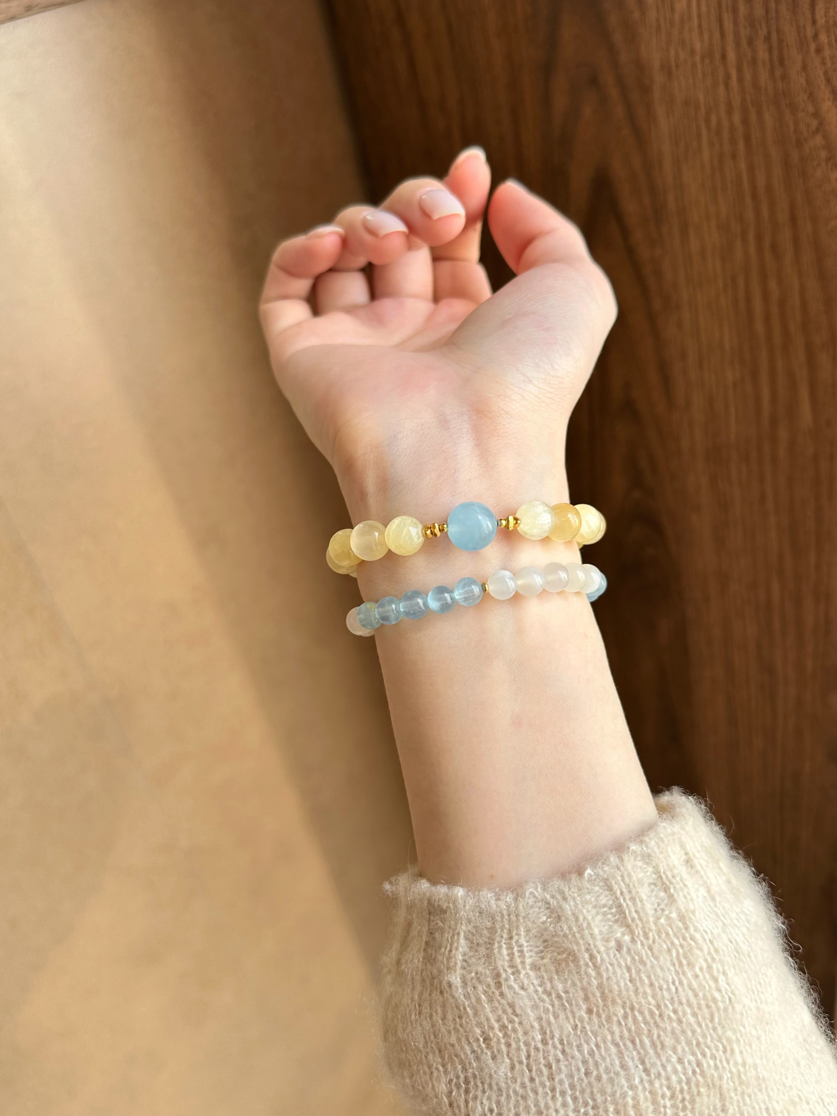 Taoist Earth Element Bracelet | Rowan「Misty Hills Ode」Yellow Calcite & Aquamarine Bracelet （ Protection, Health & Luck）