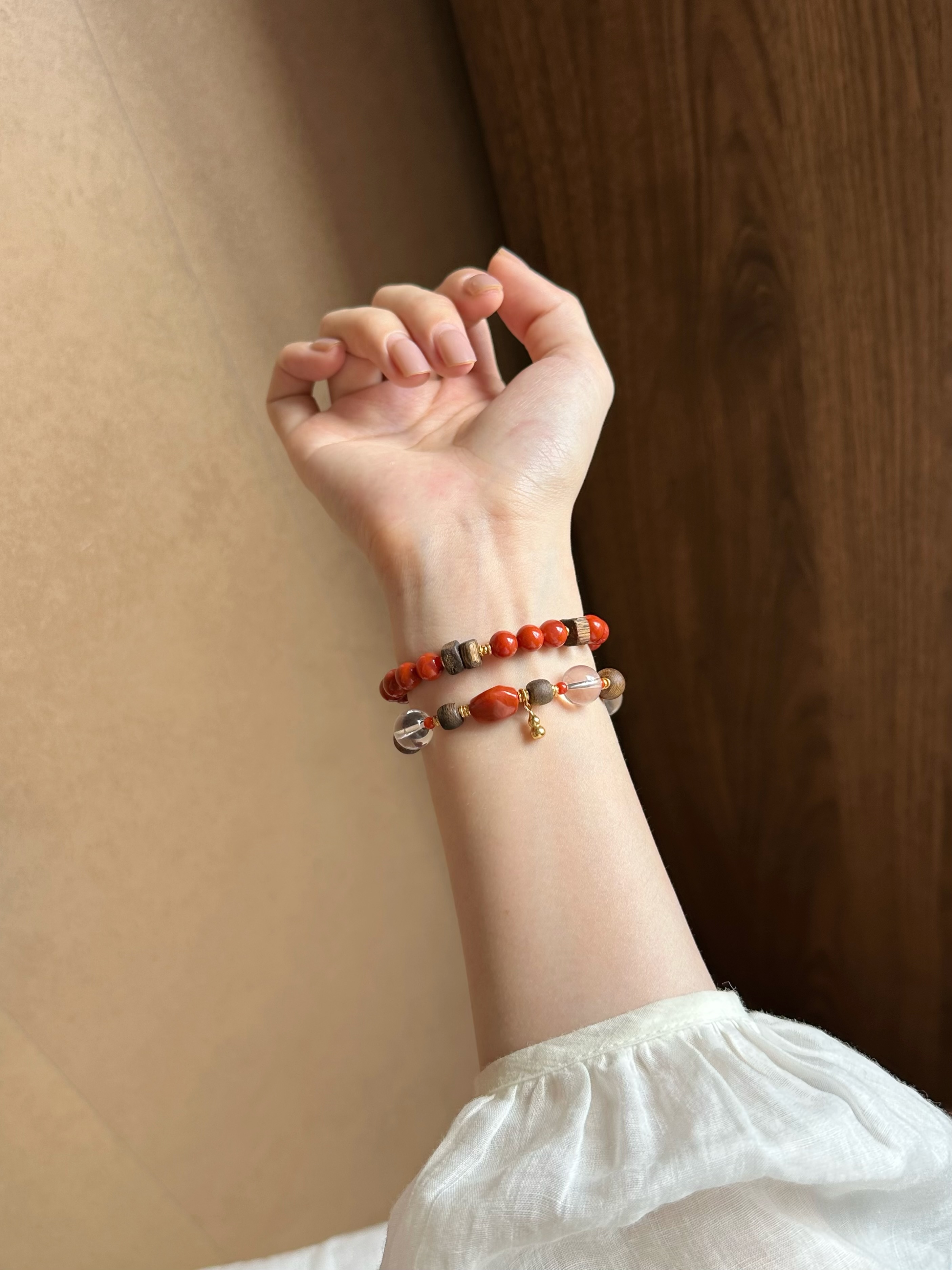 Taoist Metal Element Bracelet | Rowan「Crimson Lunar Glow」Clear Quartz, South Red Agate & Agarwood Bracelet （Clarity & Protection）
