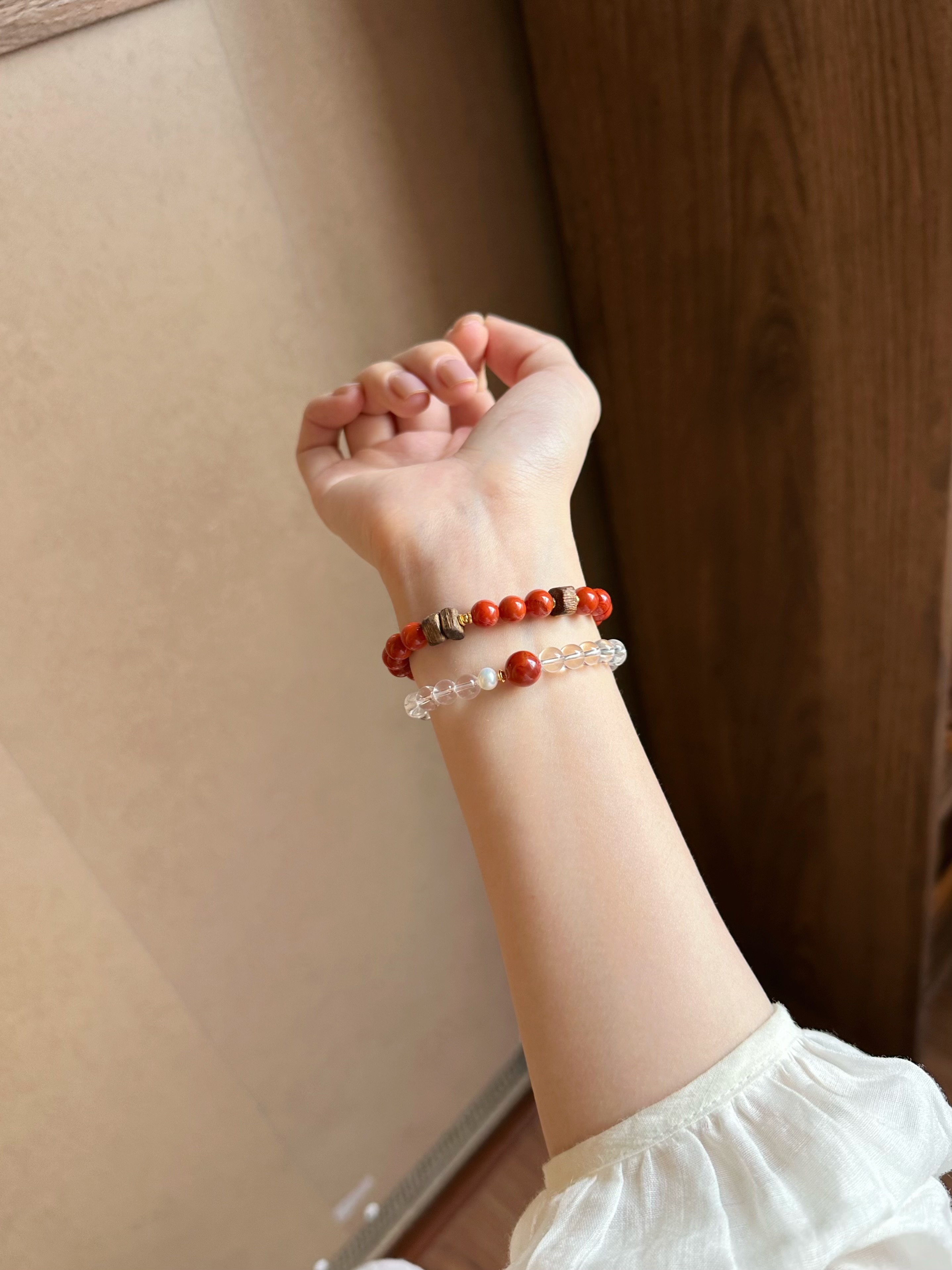 Taoist Metal Element Bracelet | Rowan「Luo Ying Blossom」Clear Quartz, South Red Agate & Natural Pearl Bracelet （Protecfion & Success ）