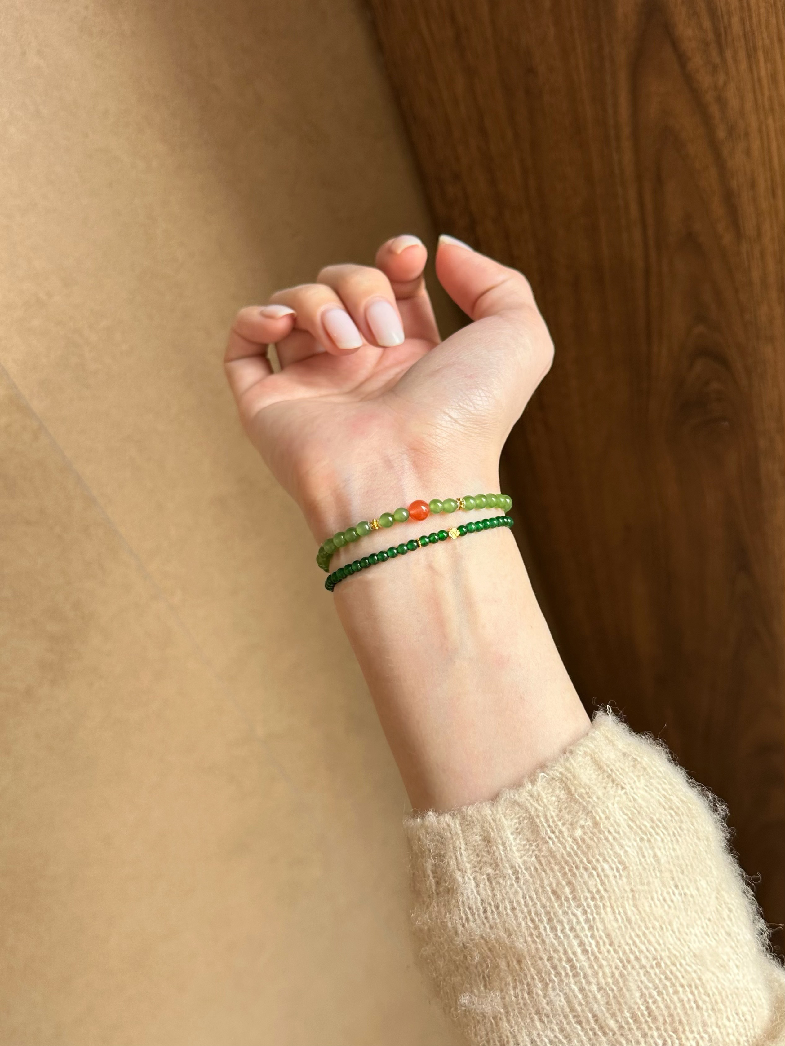 Taoist Wood Element Bracelet | Rowan「Spring Sprout」Jade & South Red Agate Bracelet（Health & Luck ）