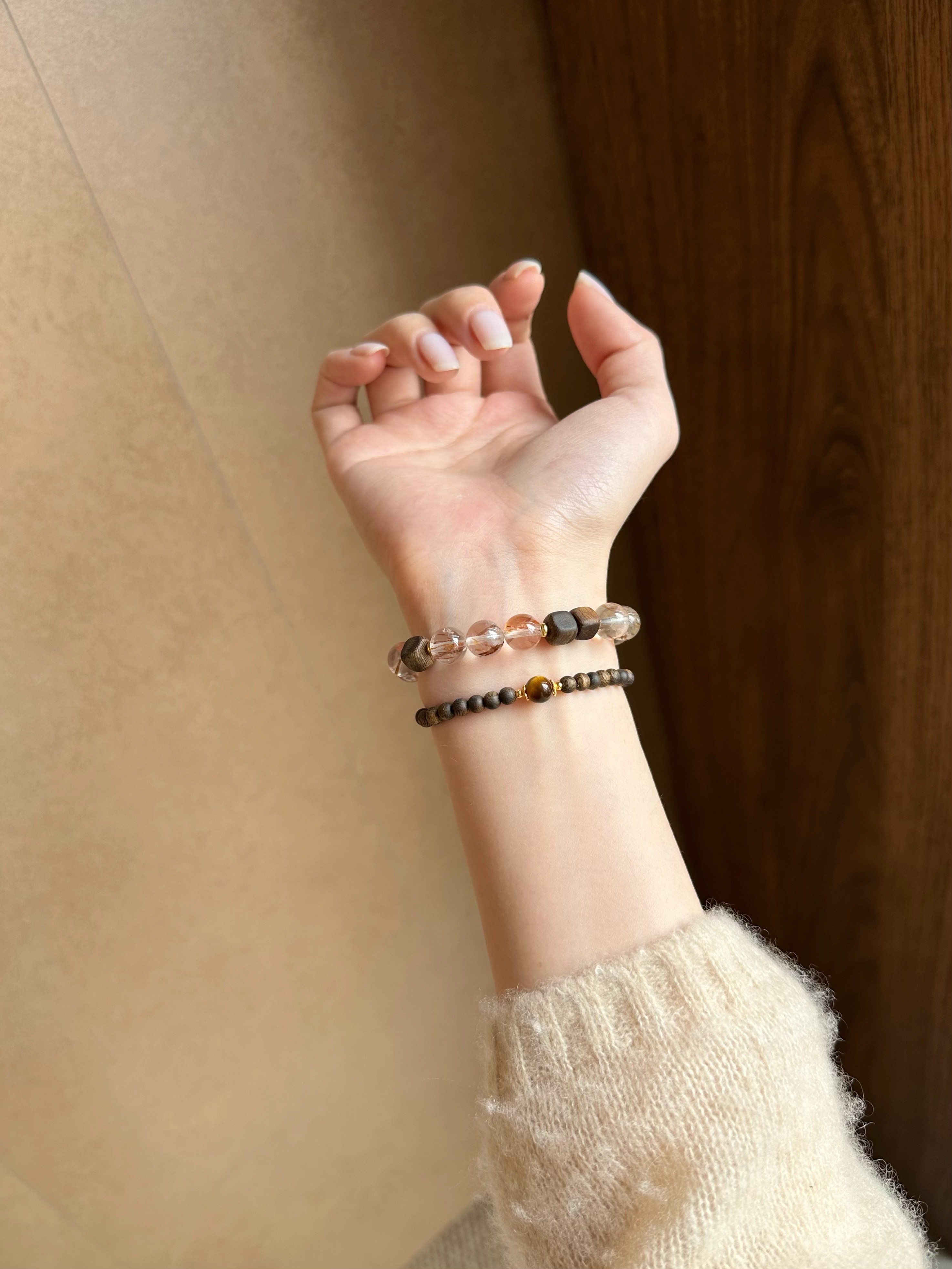 Taoist Wood Element Bracelet | Rowan「Auspicious Gold & Pagoda Tree」Black Rutilated Quartz & Agarwood Bracelet （ Wealth, Success & Protection）