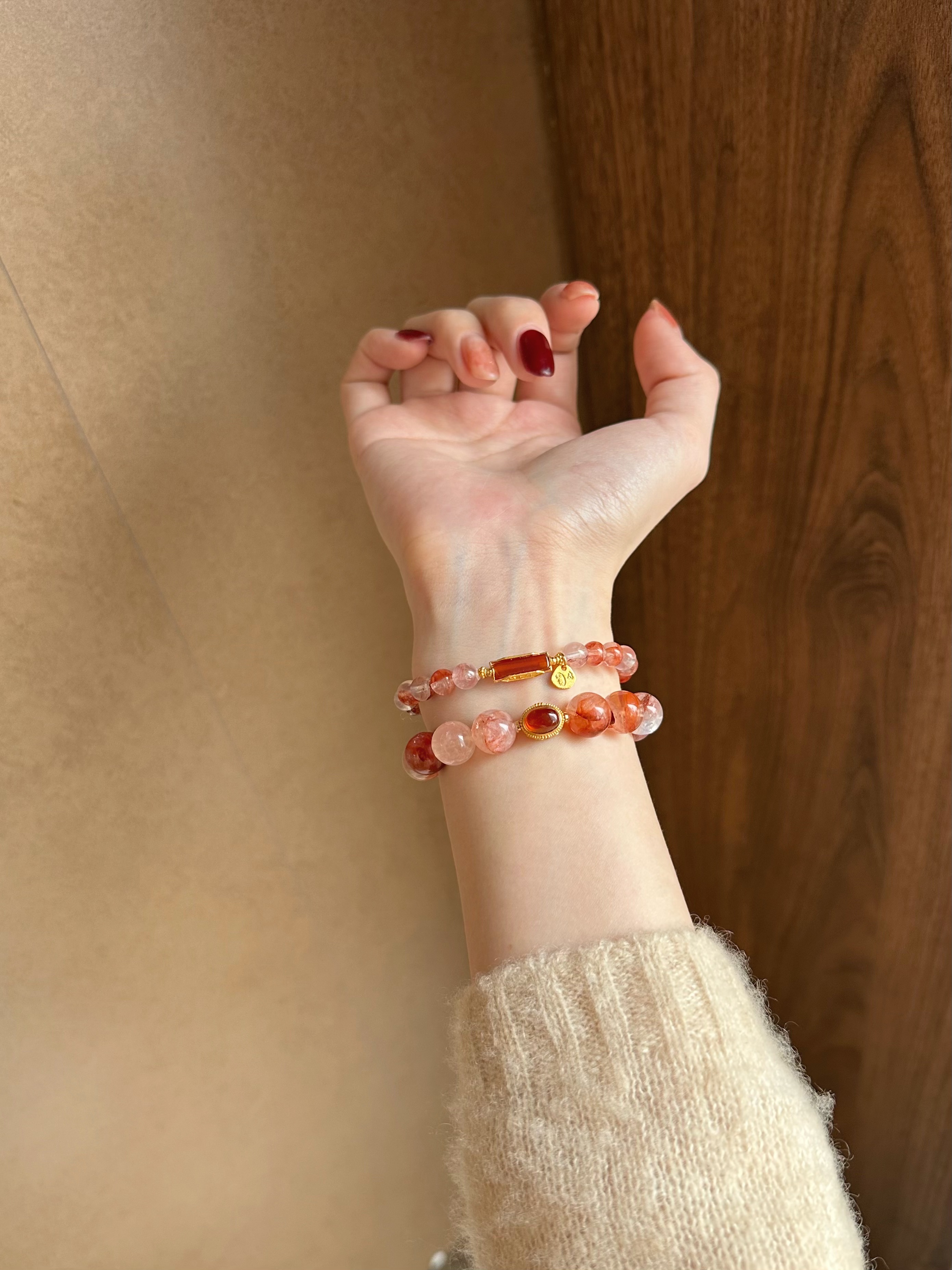 Taoist Fire Element Bracelet | Rowan「Lotus & Carp Yearly」Natural Red Phantom Quartz Bracelet (Luck & Protection)