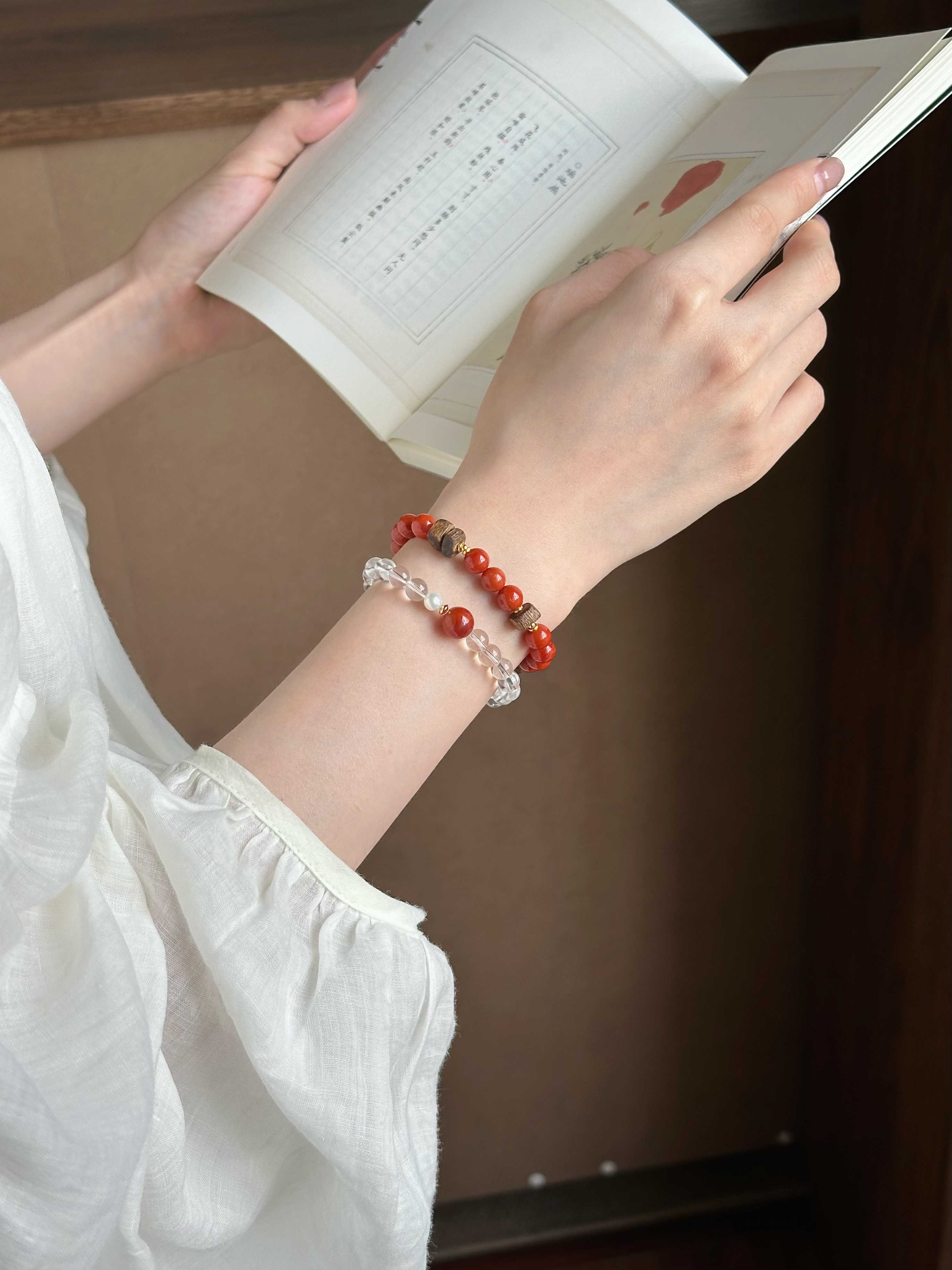 Taoist Metal Element Bracelet | Rowan「Luo Ying Blossom」Clear Quartz, South Red Agate & Natural Pearl Bracelet （Protecfion & Success ）