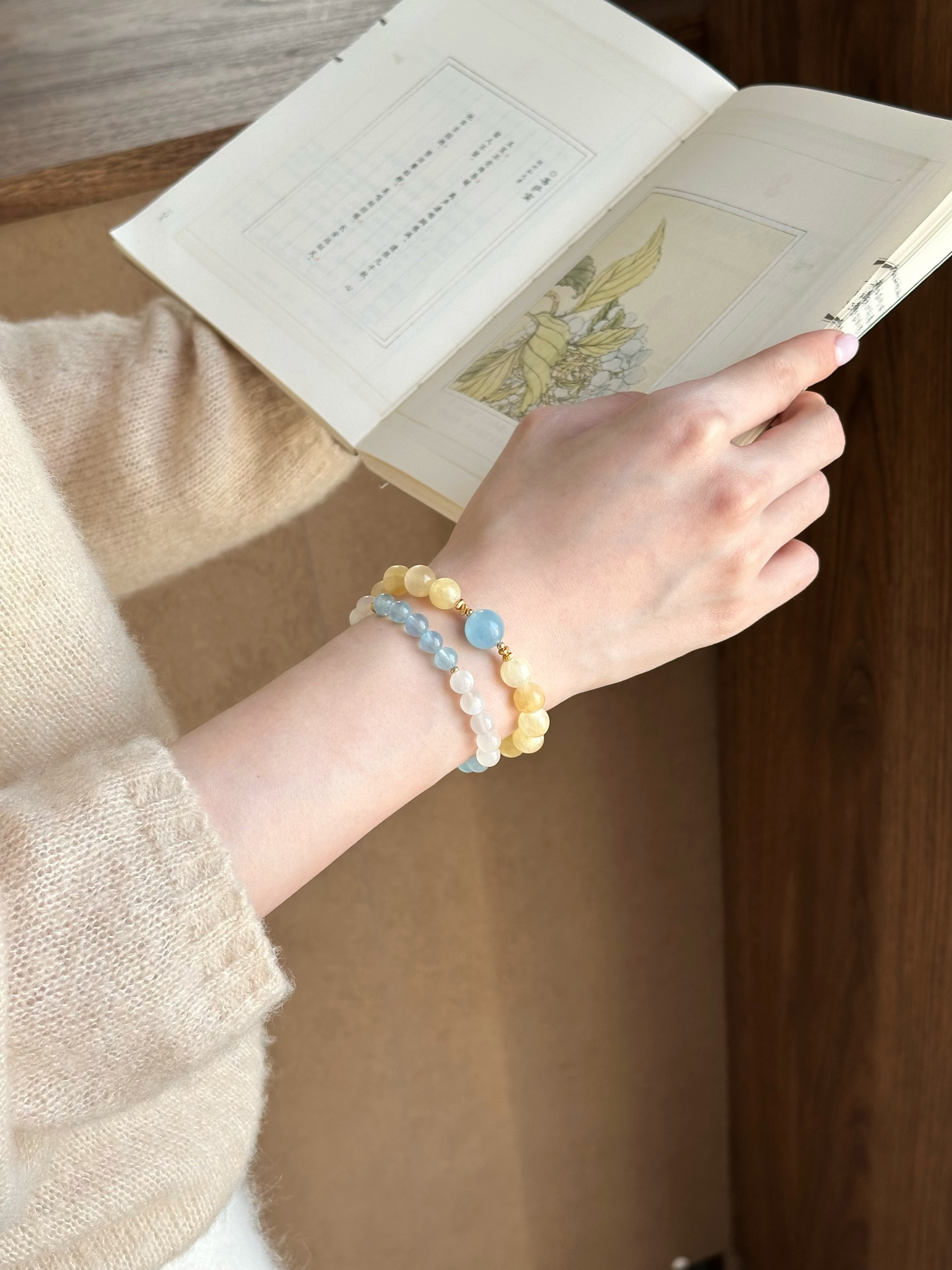 Taoist Earth Element Bracelet | Rowan「Misty Hills Ode」Yellow Calcite & Aquamarine Bracelet （ Protection, Health & Luck）