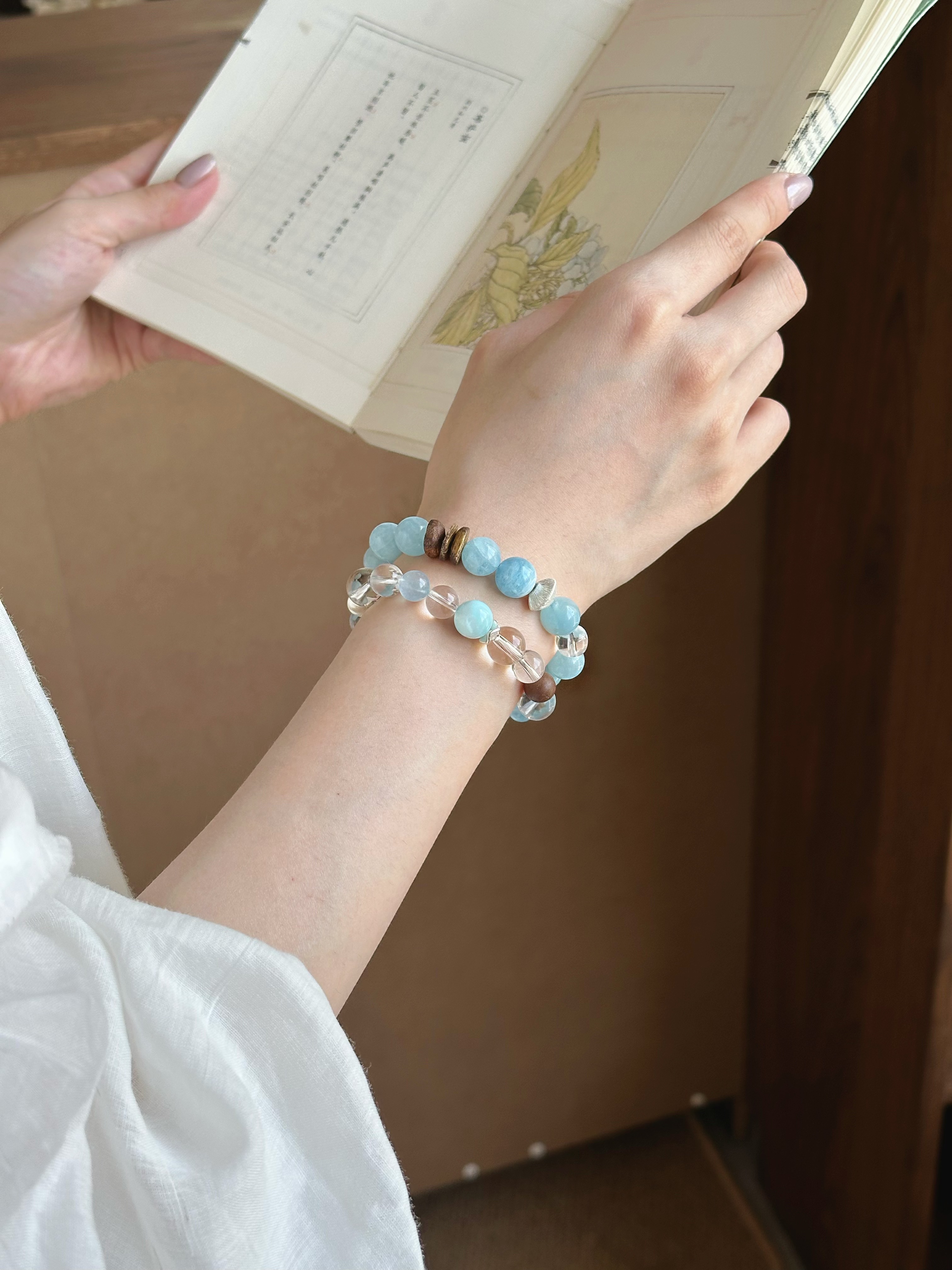 Taoist Water Element Bracelet | Rowan「Sunny Misty Mtn」Clear Quartz, Glacial Aquamarine & Larimar Bracelet （Protection, Health & Luck）