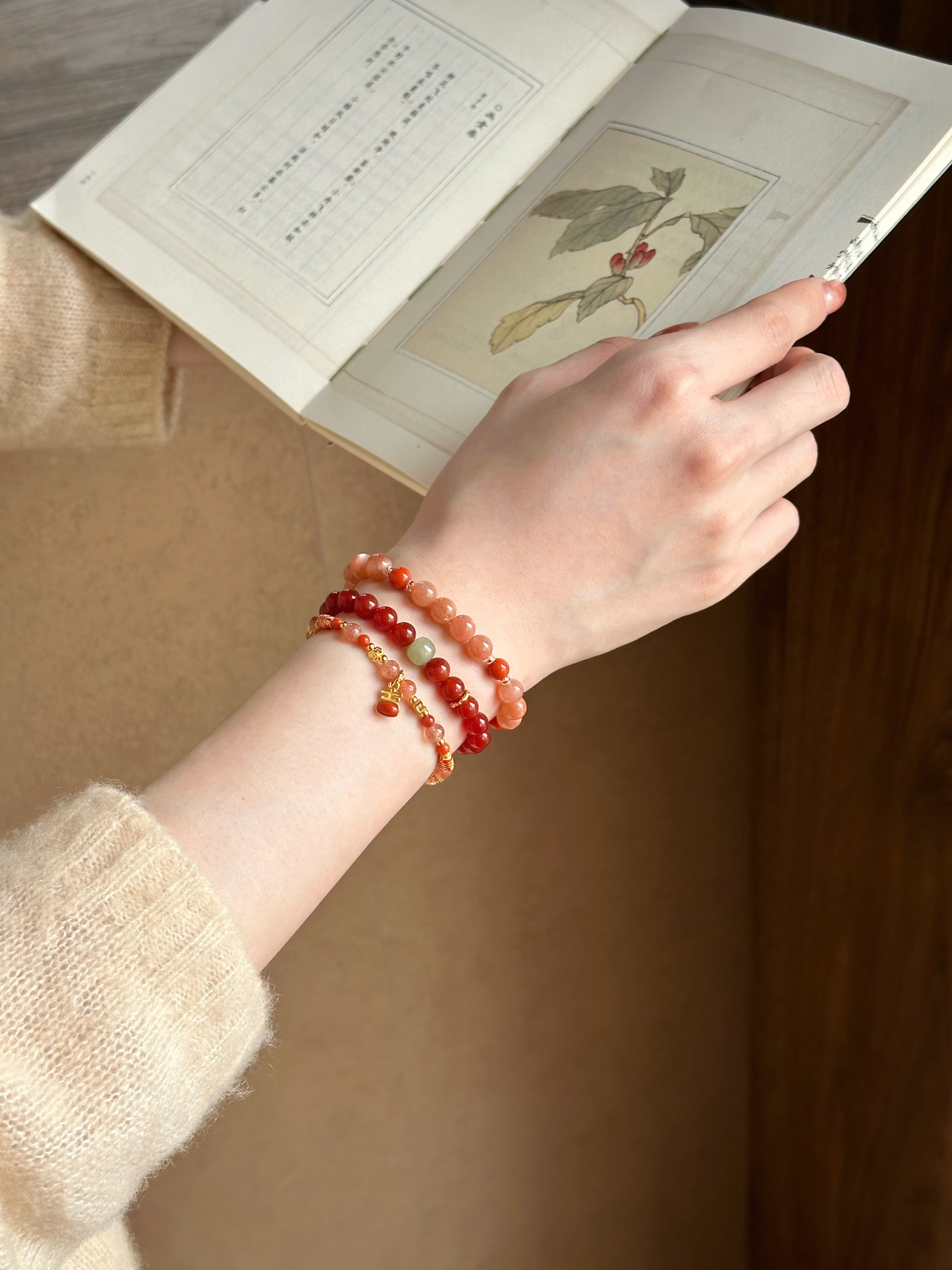Taoist Fire Element Bracelet | Rowan「Auspicious Glow」Natural Sunstone & South Red Agate (Luck & Protection)