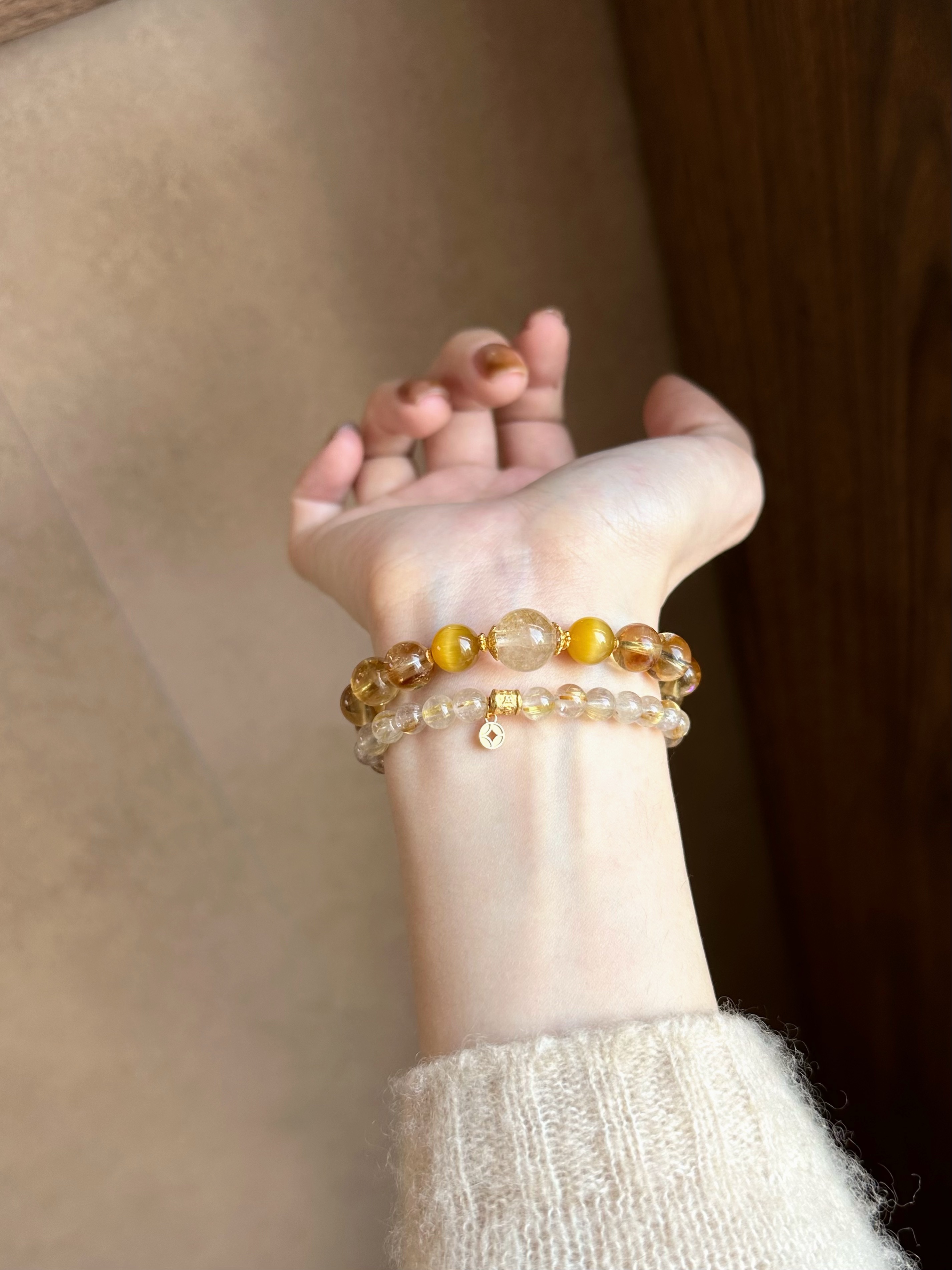 Taoist Metal Element Bracelet | Rowan「Floating Radiance」Rutilated Quartz, Tiger's Eye & Citrine Bracelet （Wealth & Success）