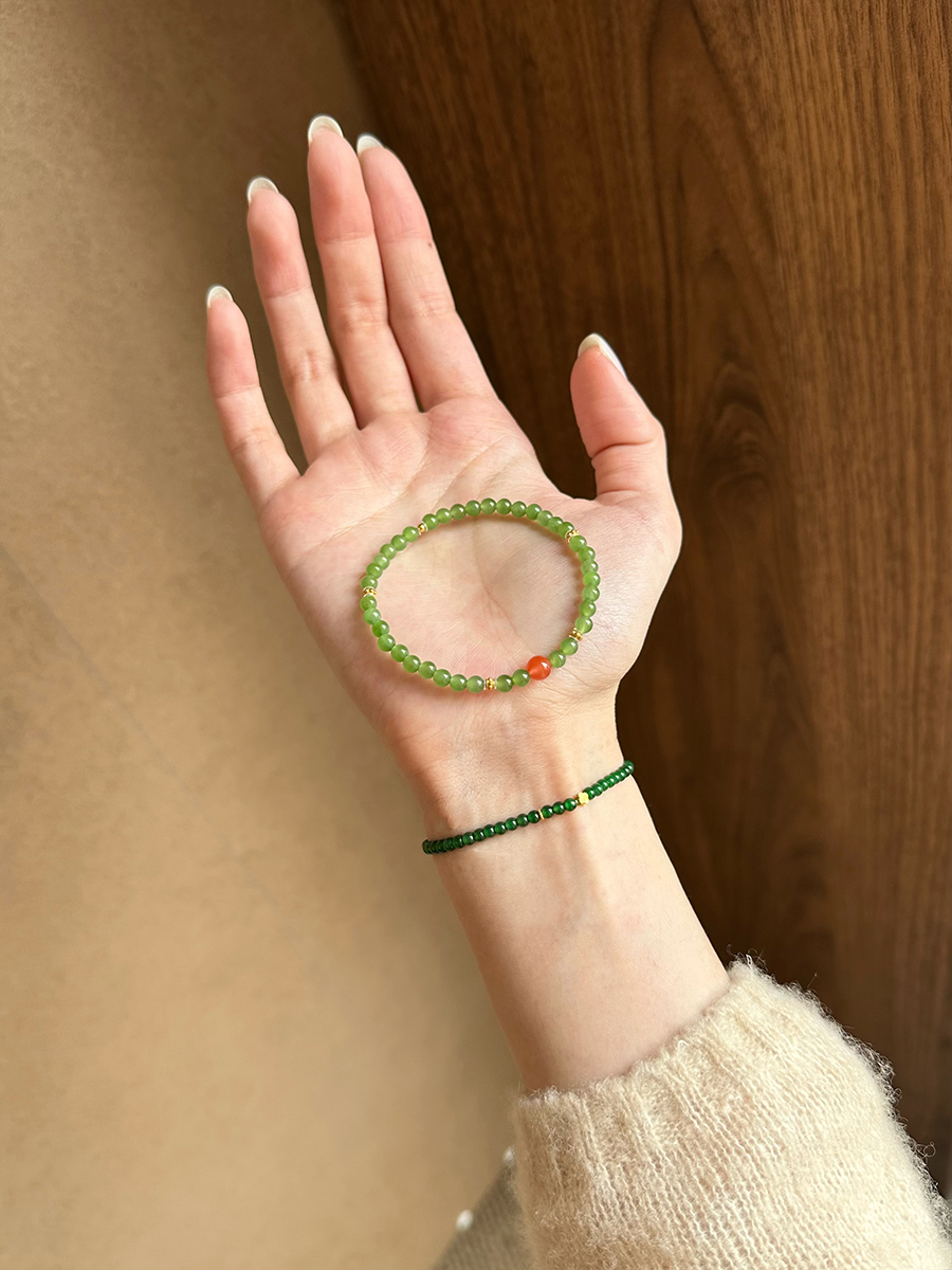 Taoist Wood Element Bracelet | Rowan「Spring Sprout」Jade & South Red Agate Bracelet（Health & Luck ）
