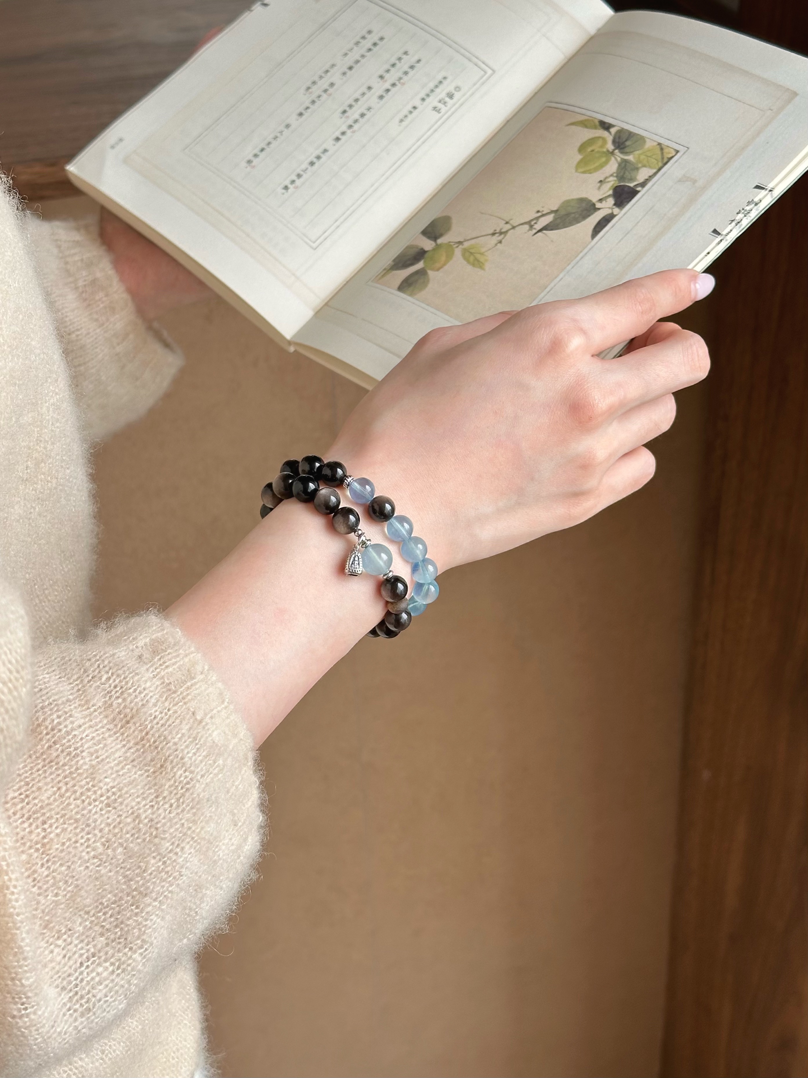 Taoist Water Element Bracelet | Rowan「 Rainy Clear Mtn」Silver Obsidian & Glacial Aquamarine Bracelet （Protection, Health & Luck）