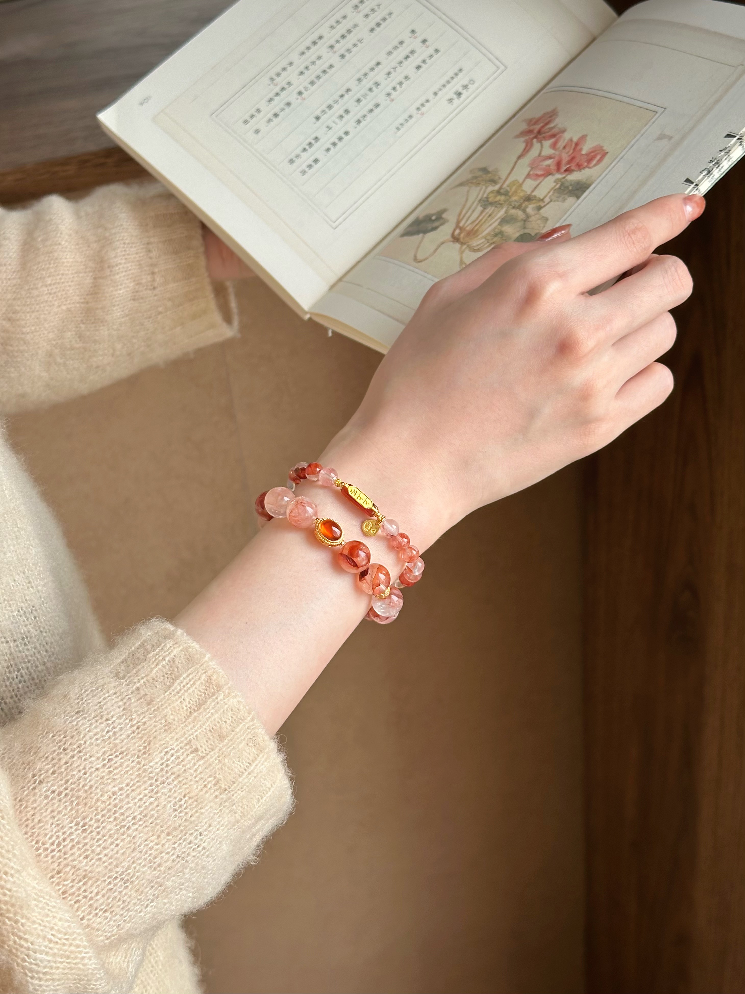 Taoist Fire Element Bracelet | Rowan「Lotus & Carp Yearly」Natural Red Phantom Quartz Bracelet (Luck & Protection)