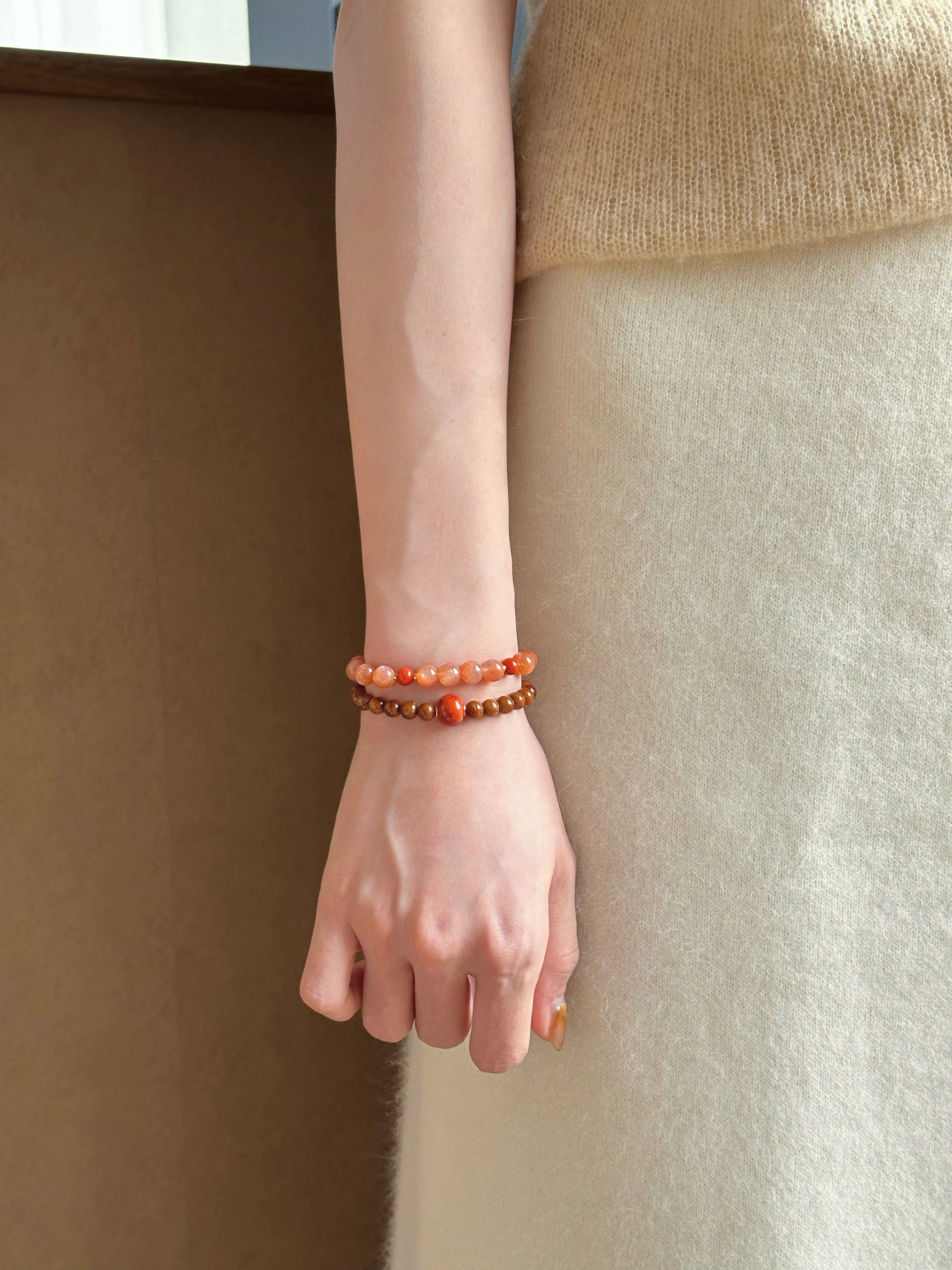 Taoist Fire Element Bracelet | Rowan「Carp & Lotus」Natural Sunstone & South Red Agate  (Luck & Protection)