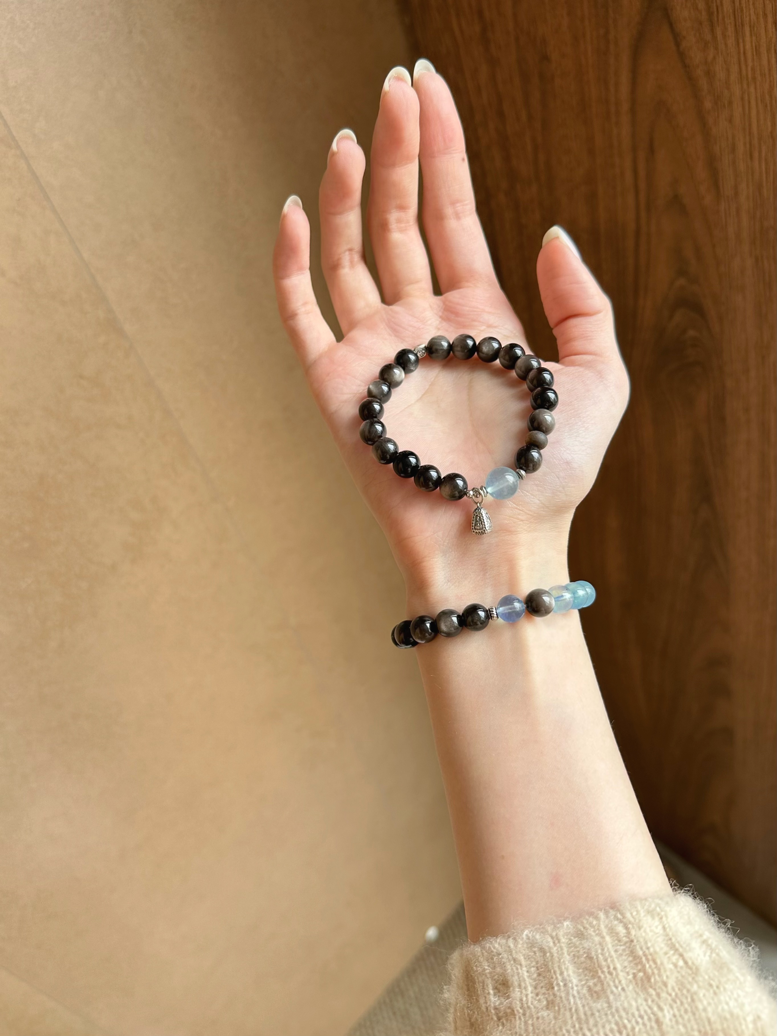 Taoist Water Element Bracelet | Rowan「 Rainy Clear Mtn」Silver Obsidian & Glacial Aquamarine Bracelet （Protection, Health & Luck）