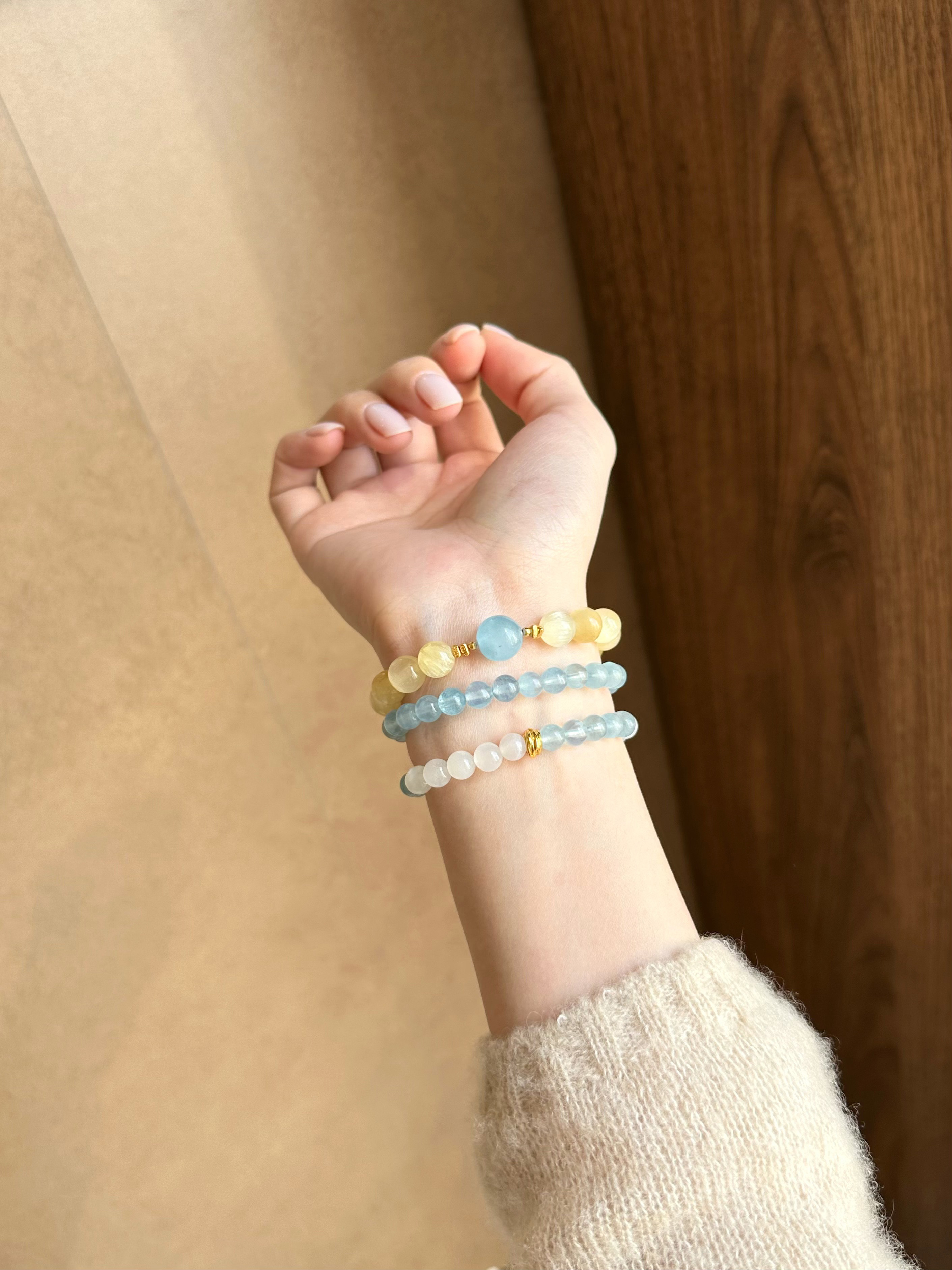 Taoist Earth Element Bracelet | Rowan「Misty Hills Ode」Yellow Calcite & Aquamarine Bracelet （ Protection, Health & Luck）