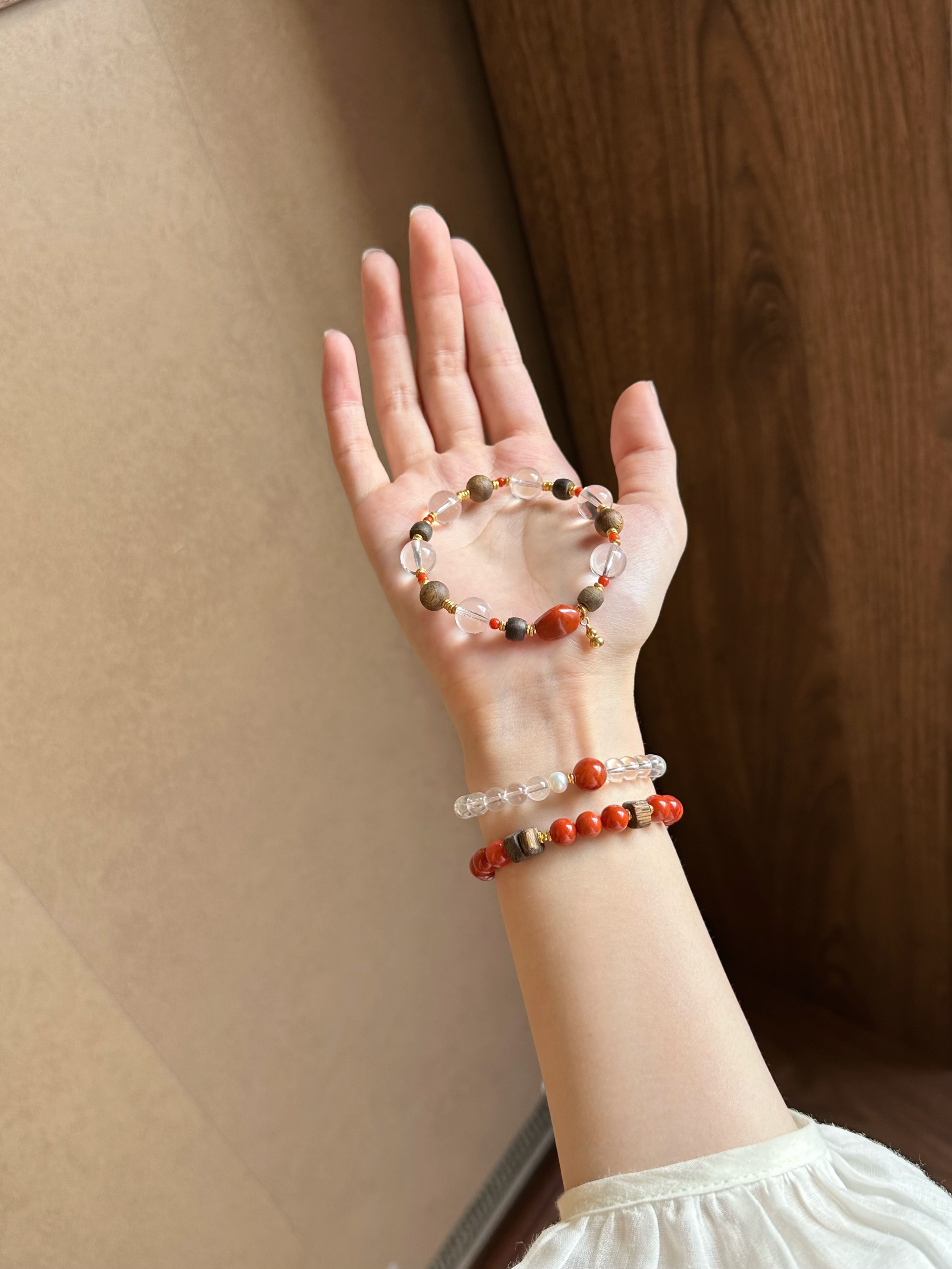 Taoist Metal Element Bracelet | Rowan「Crimson Lunar Glow」Clear Quartz, South Red Agate & Agarwood Bracelet （Clarity & Protection）