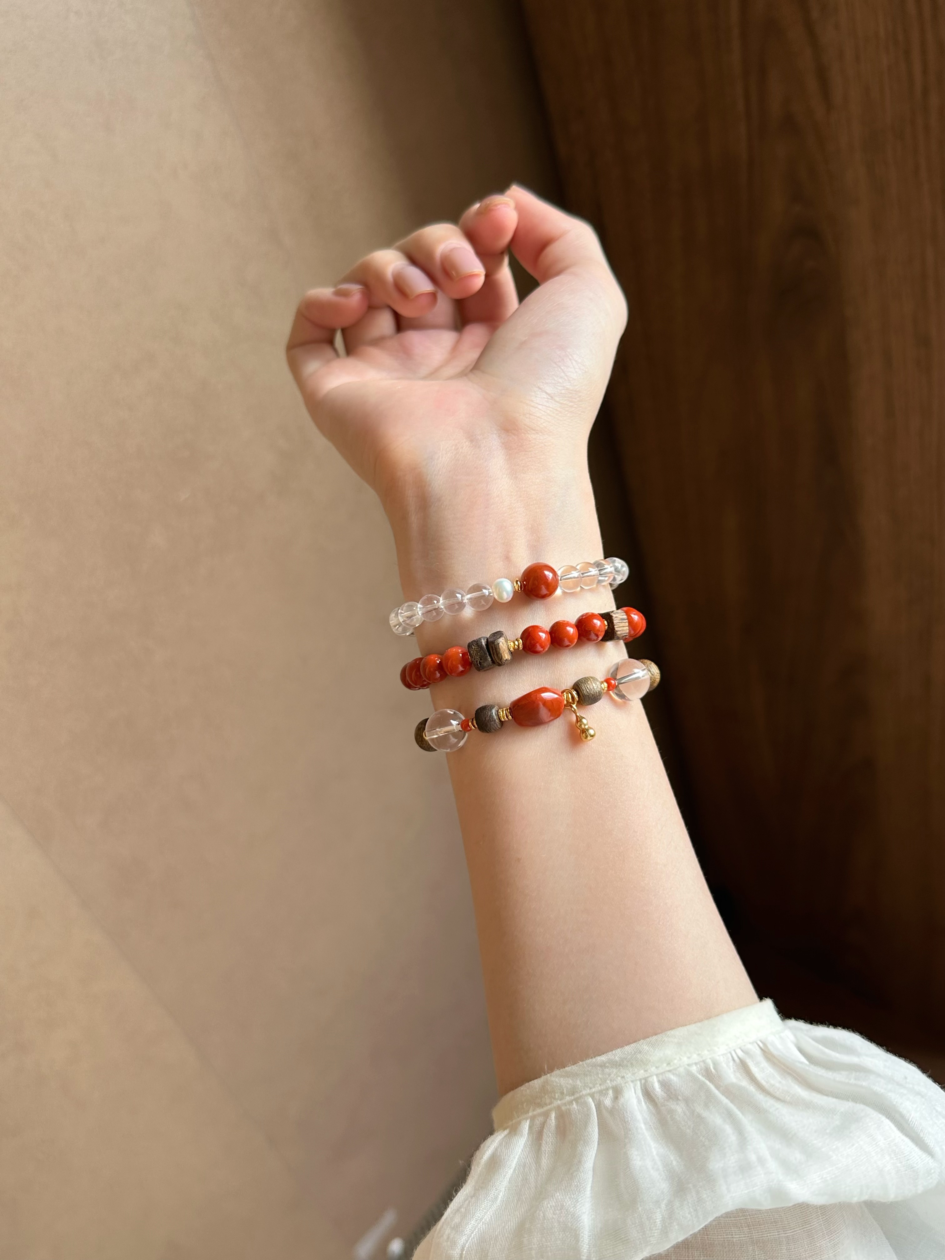 Taoist Metal Element Bracelet | Rowan「Luo Ying Blossom」Clear Quartz, South Red Agate & Natural Pearl Bracelet （Protecfion & Success ）