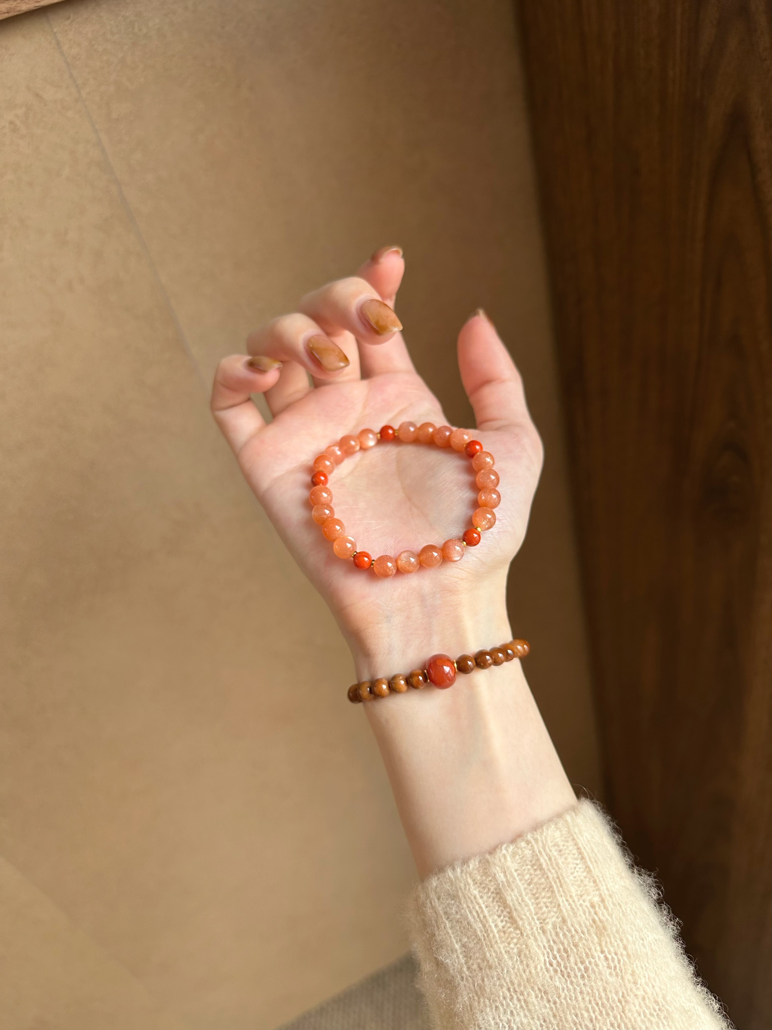 Taoist Fire Element Bracelet | Rowan「Carp & Lotus」Natural Sunstone & South Red Agate  (Luck & Protection)