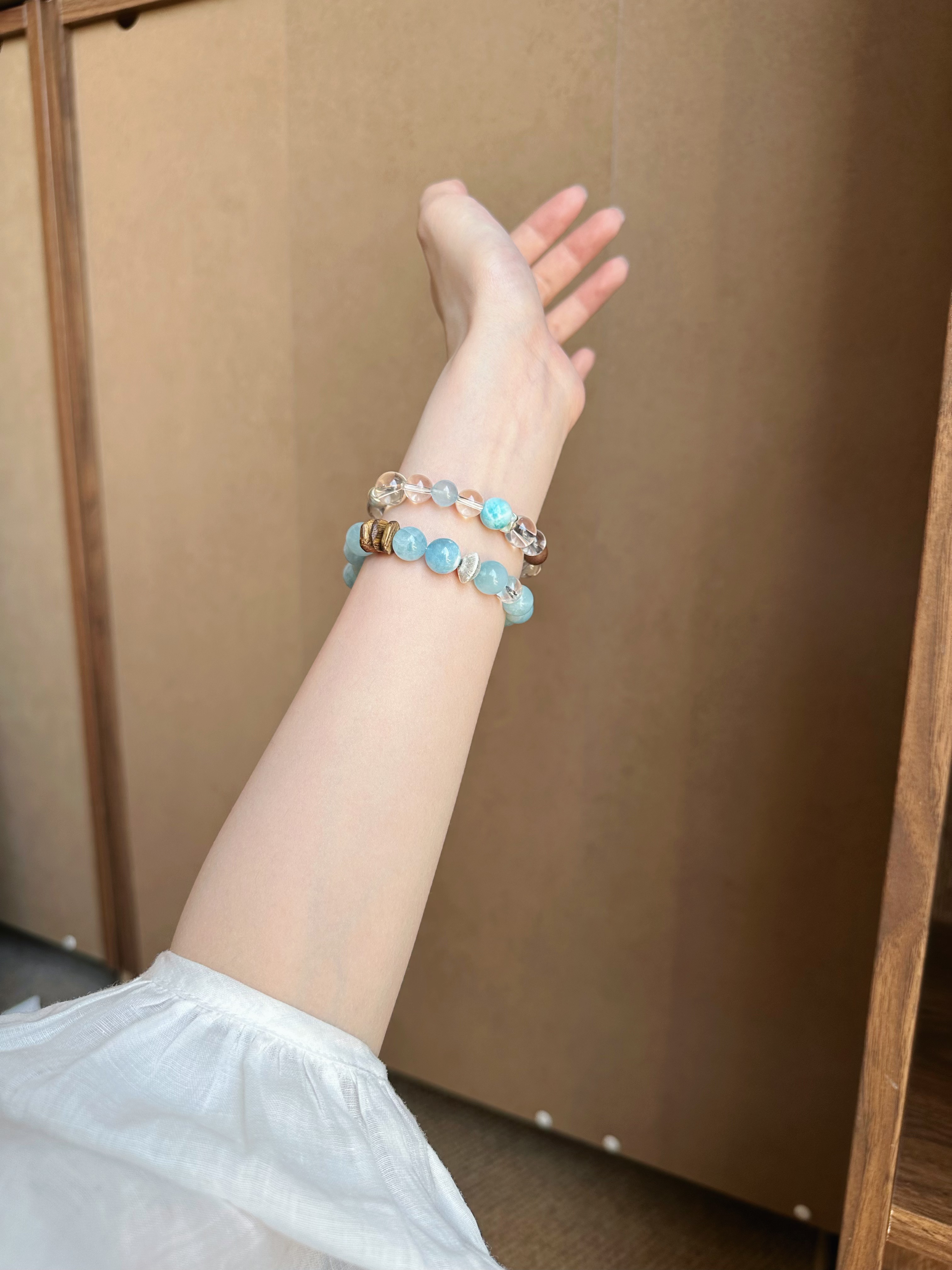 Taoist Water Element Bracelet | Rowan「Sunny Misty Mtn」Clear Quartz, Glacial Aquamarine & Larimar Bracelet （Protection, Health & Luck）