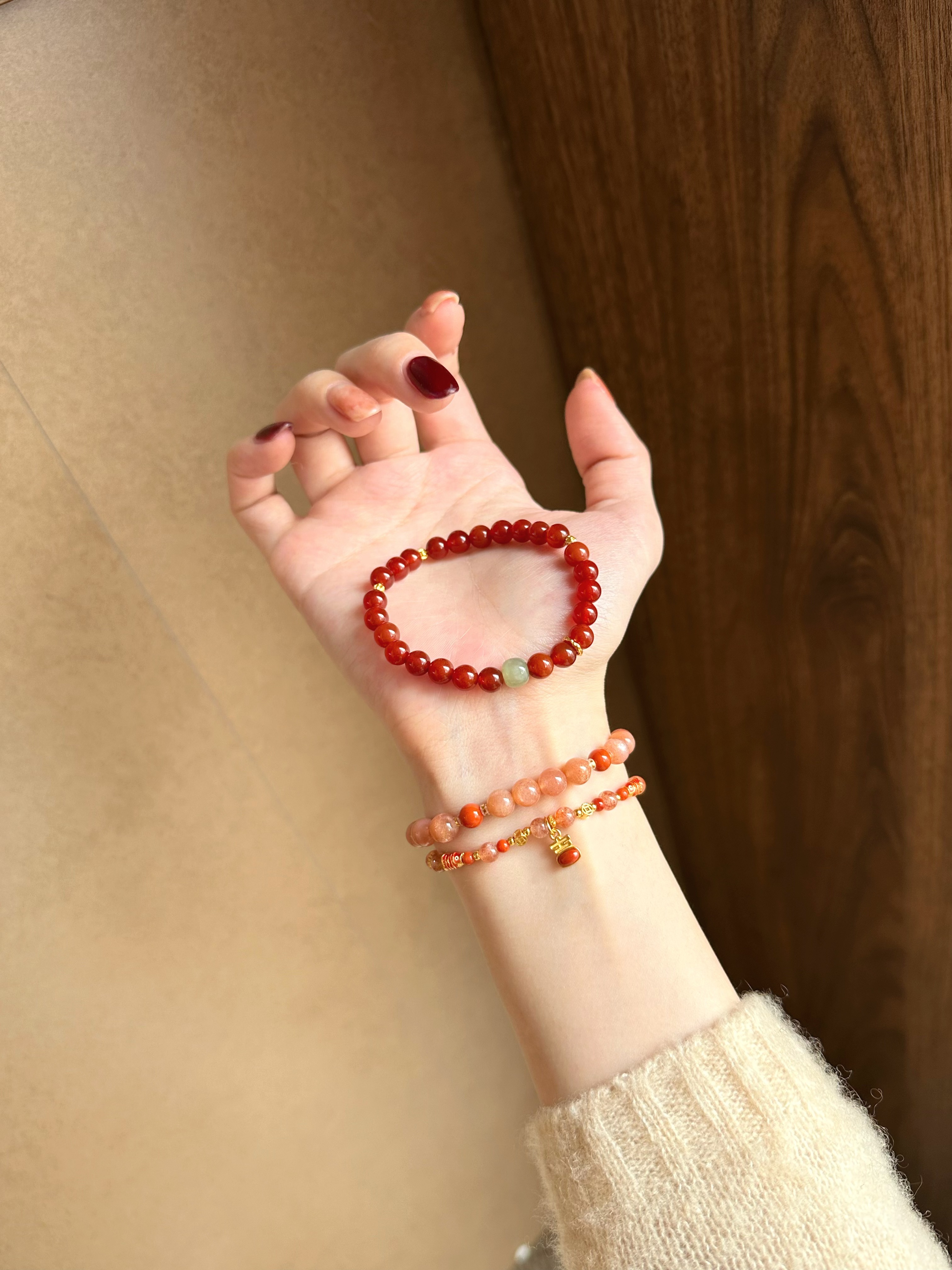 Taoist Fire Element Bracelet | Rowan「Crimson Radiance」Natural Red Agate & Hetian Jade Bracelet  (Luck & Protection)