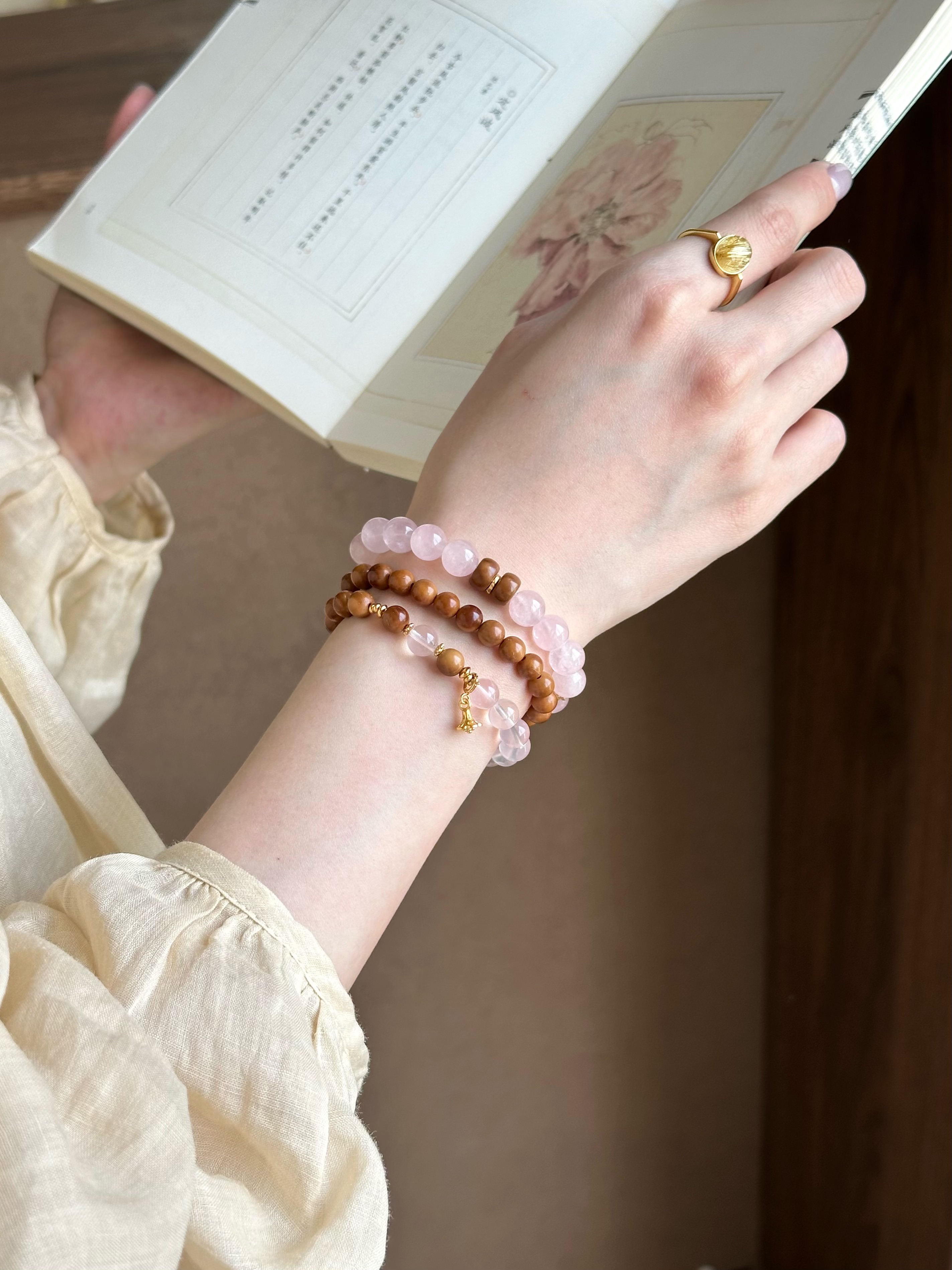 Taoist Earth Element Bracelet | Rowan「Jade Bloom」Rose Quartz & Cook Beads Bracelet （Protection, Love & Luck）