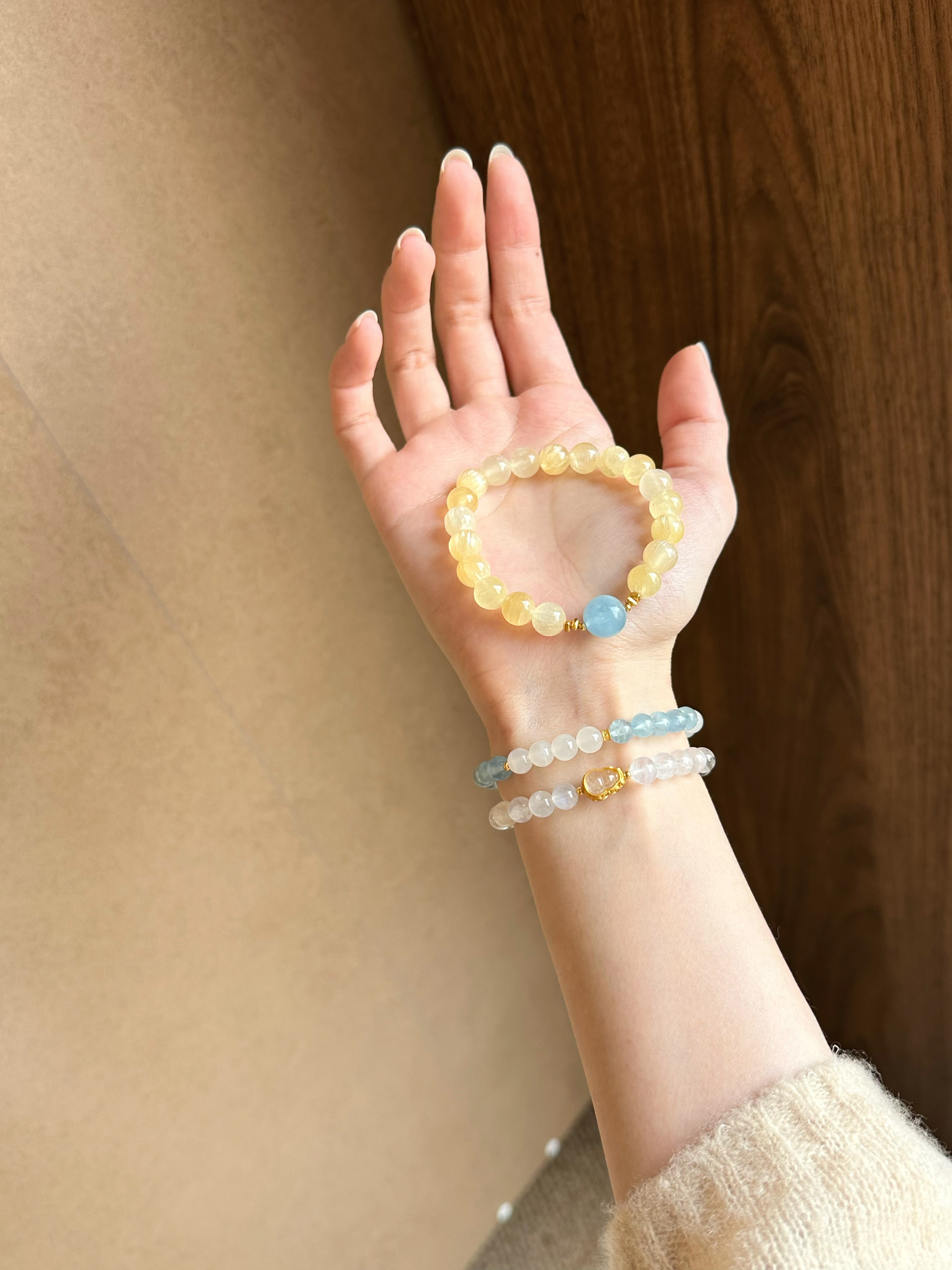 Taoist Earth Element Bracelet | Rowan「Misty Hills Ode」Yellow Calcite & Aquamarine Bracelet （ Protection, Health & Luck）