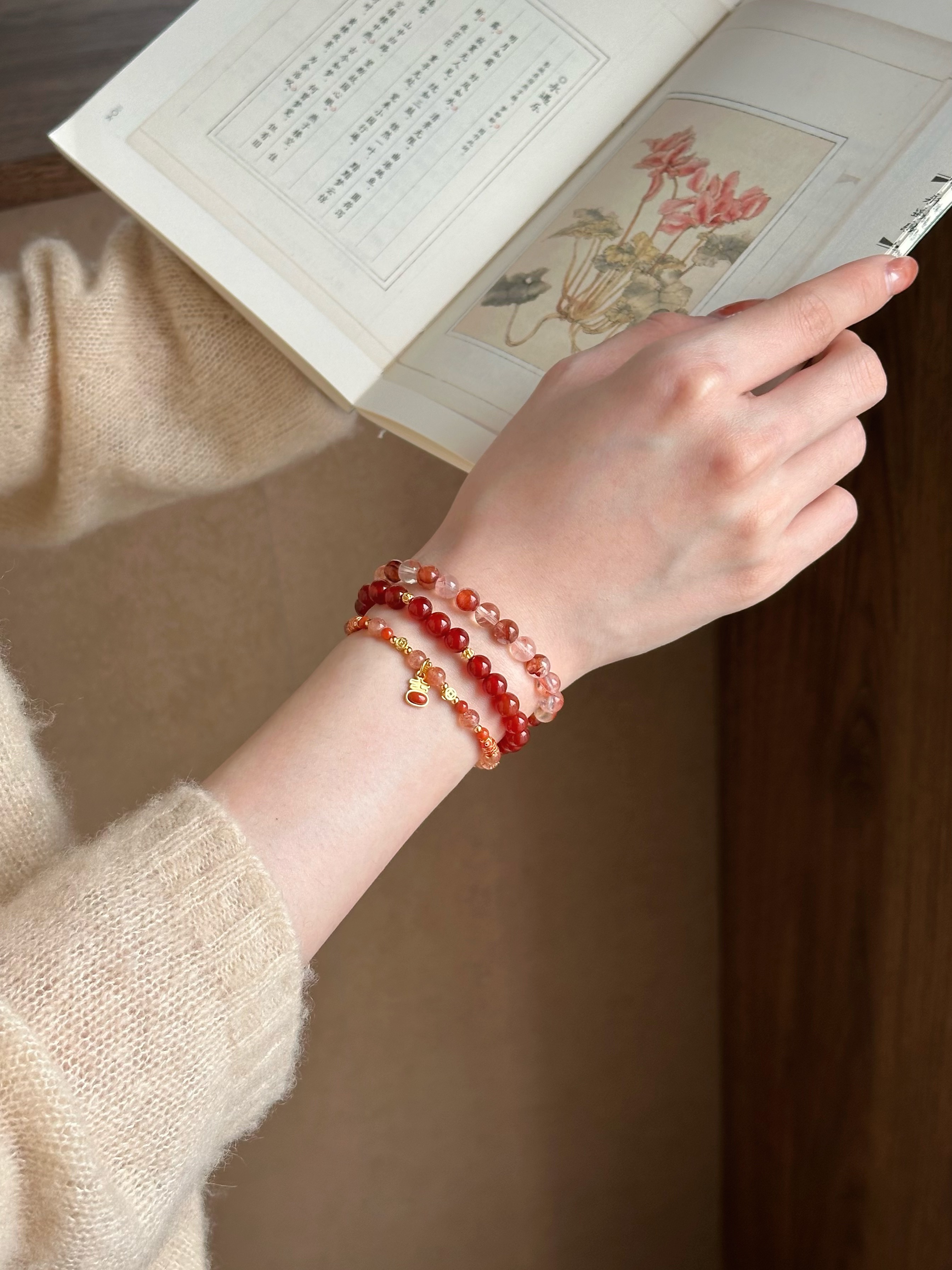 Taoist Fire Element Bracelet | Rowan「Lotus & Carp Yearly」Natural Red Phantom Quartz Bracelet (Luck & Protection)