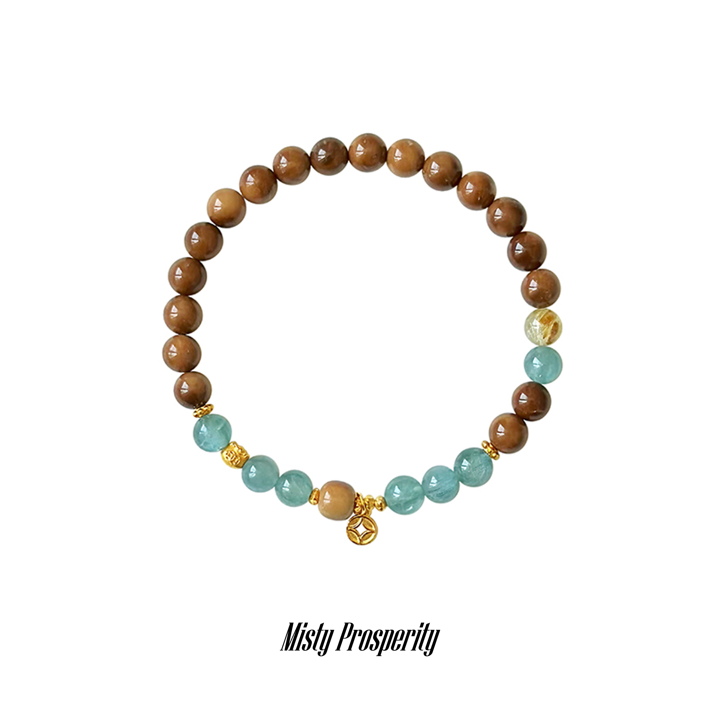 Taoist Metal Element Bracelet | Rowan「Misty Prosperity」Cook Beads, Blue-Green Crystal & Rutilated Quartz Bracelet（Wealth & Luck）