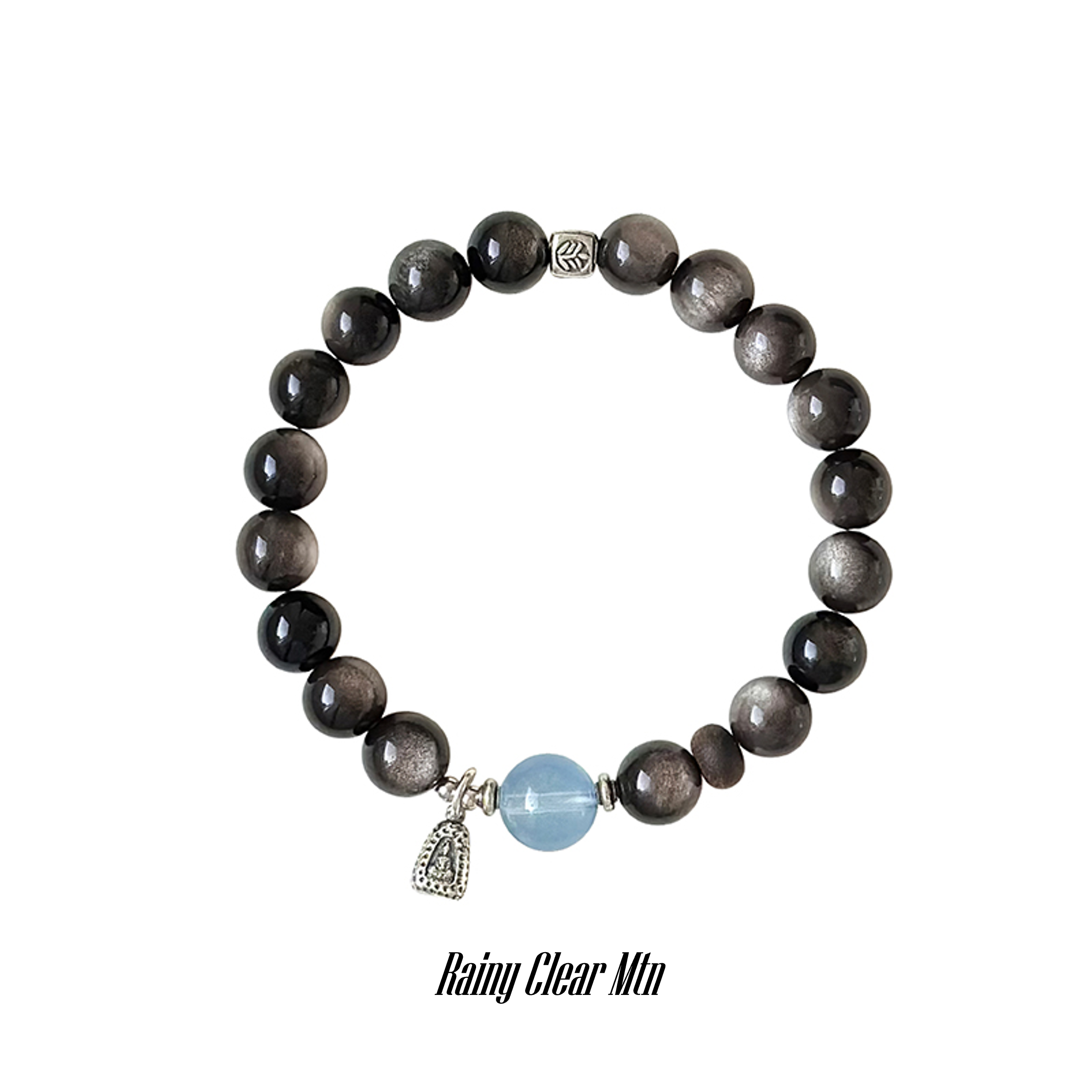 Taoist Water Element Bracelet | Rowan「 Rainy Clear Mtn」Silver Obsidian & Glacial Aquamarine Bracelet （Protection, Health & Luck）
