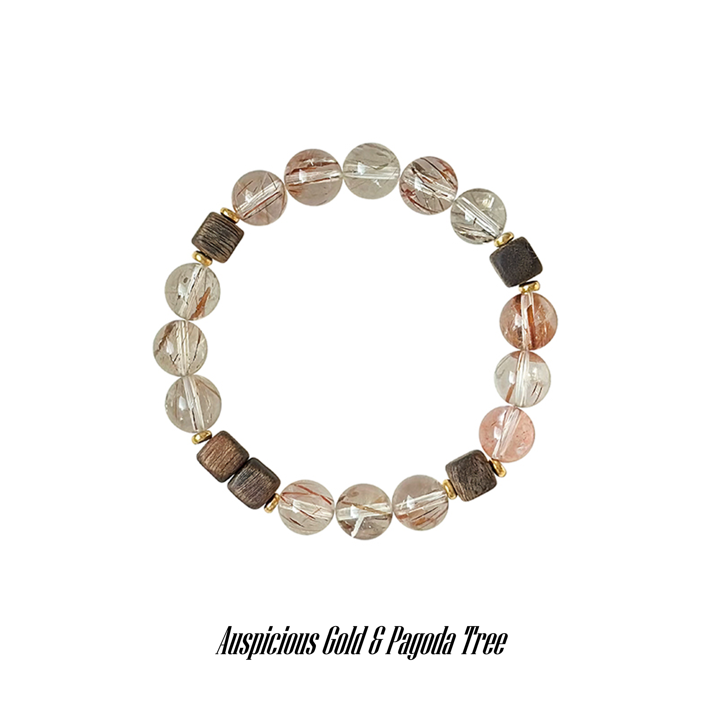 Taoist Wood Element Bracelet | Rowan「Auspicious Gold & Pagoda Tree」Black Rutilated Quartz & Agarwood Bracelet （ Wealth, Success & Protection）