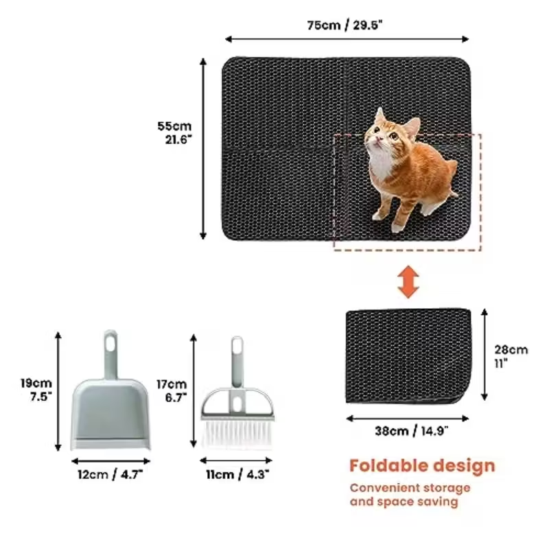 1 Pack Large 30x22 Inch Foldable Cat Litter Mat with Dustpan & Brush Set