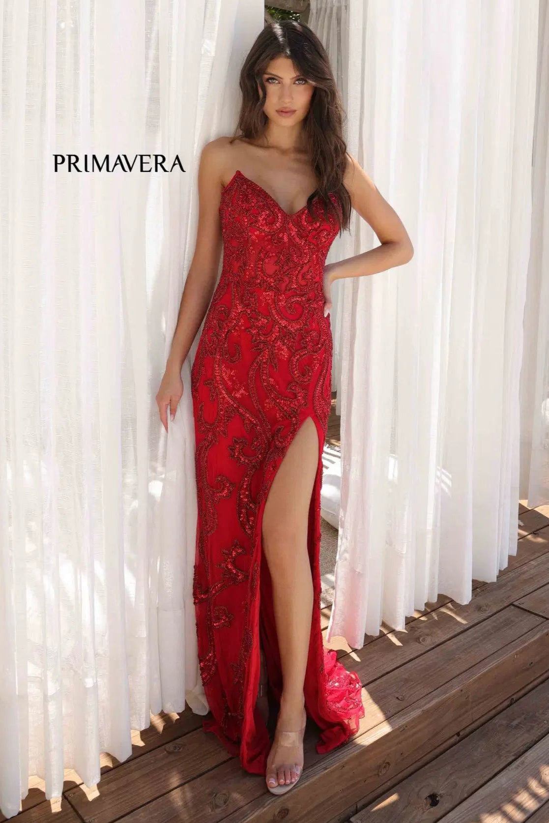 4356 - Primavera - Strapless Beaded Fitted Gown-Vavasi