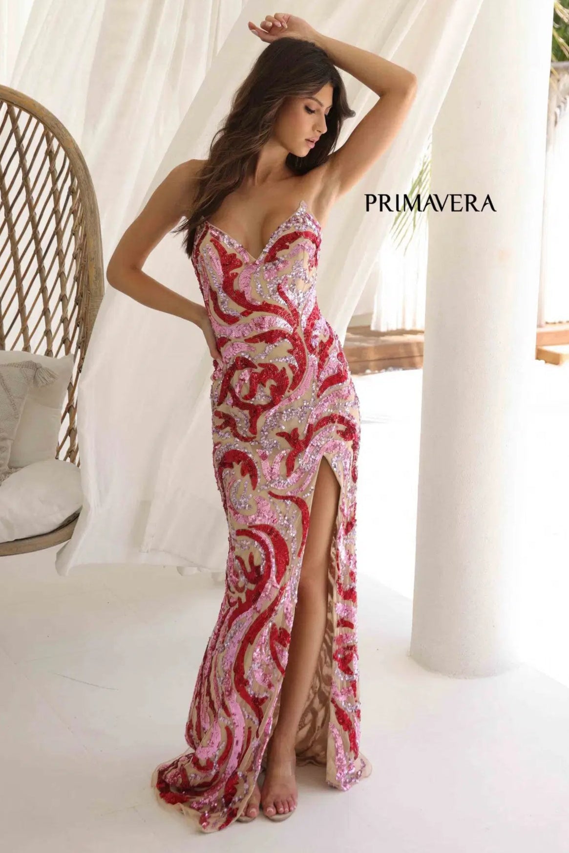 4373 - Primavera - Strapless Fitted Long Beaded Gown-Vavasi