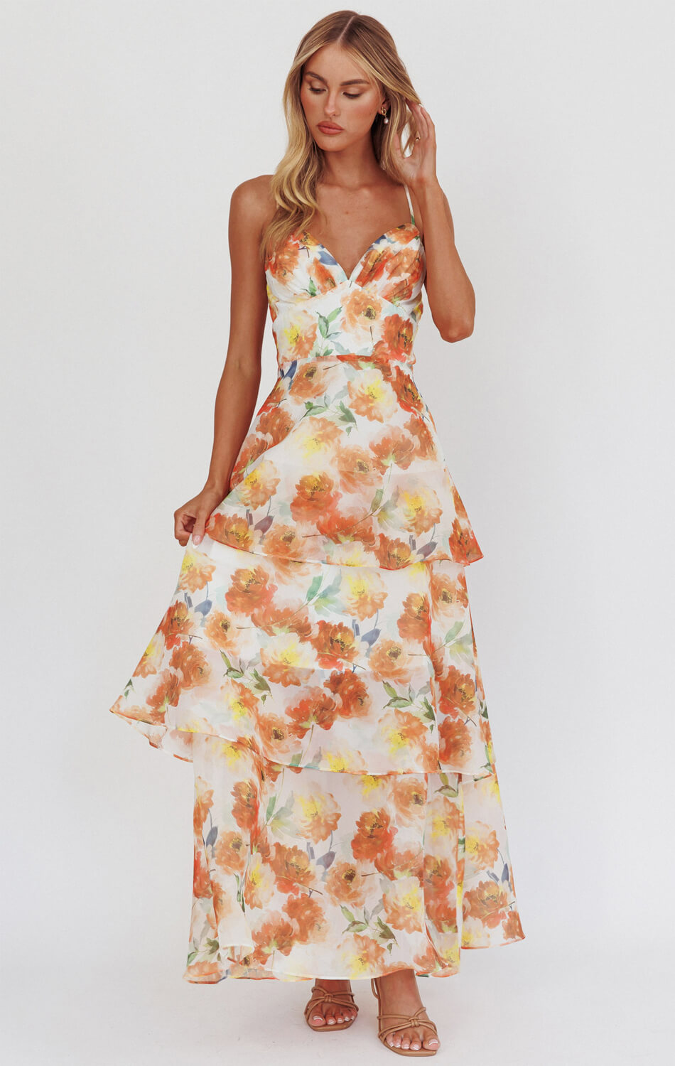 Makenna Maxi Dress - Orange - Floral Organza Tiered Dress-Vavasi