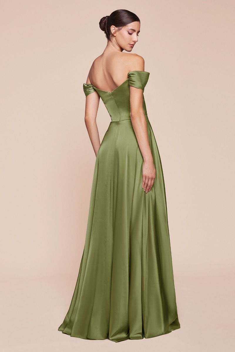 JILLIAN GOWN - GREENERY - A-LINE SOFT SATIN OFF THE SHOULDER DRESS-Vavasi