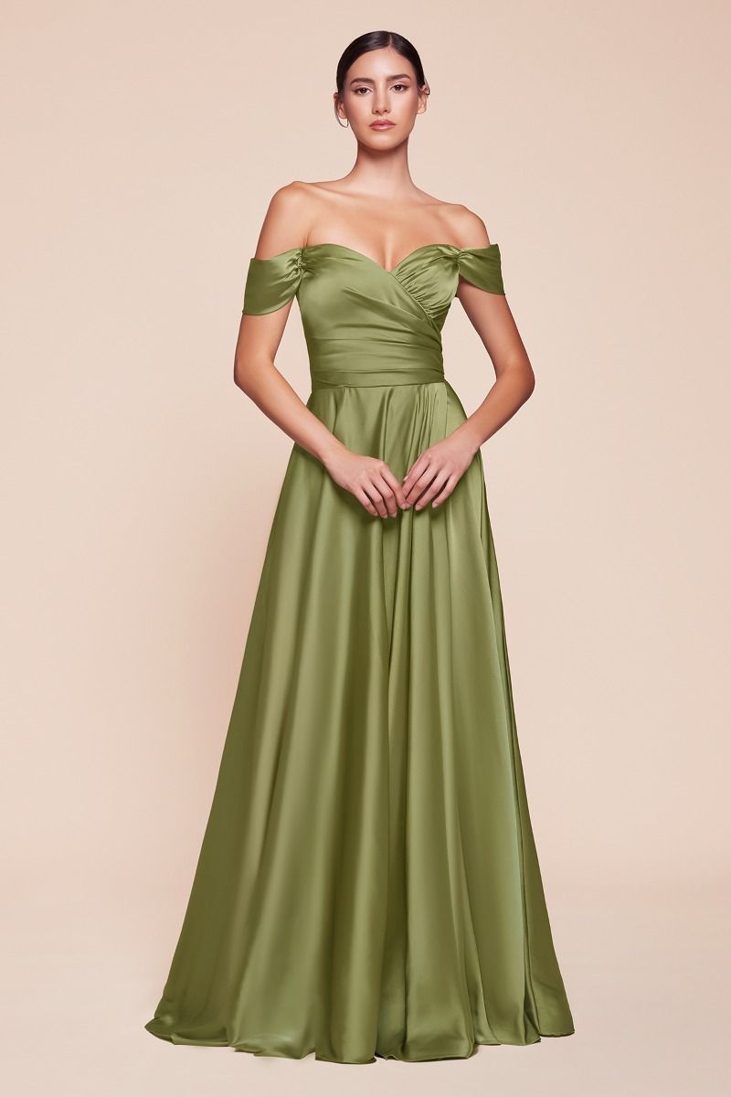JILLIAN GOWN - GREENERY - A-LINE SOFT SATIN OFF THE SHOULDER DRESS-Vavasi