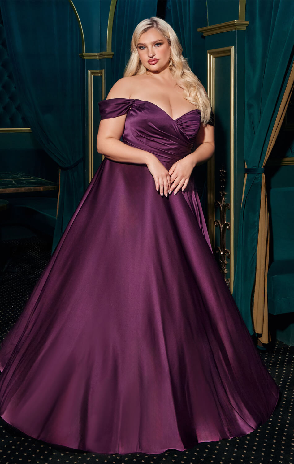 JILLIAN GOWN - EGGPLANT - A-LINE SOFT SATIN OFF THE SHOULDER DRESS-Vavasi