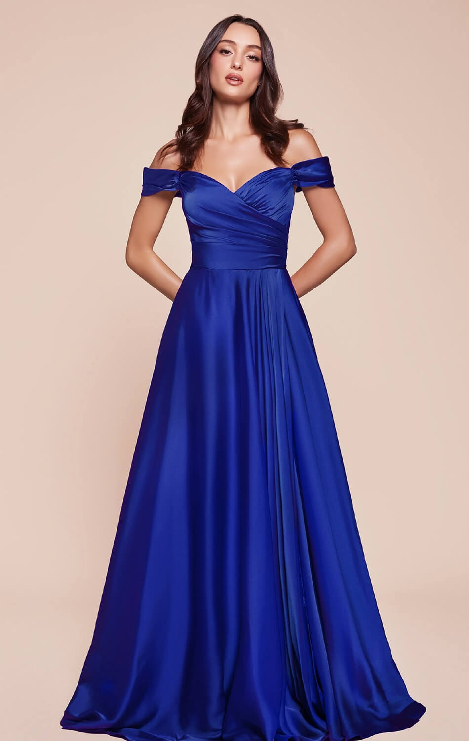 JILLIAN GOWN - ROYAL - A-LINE SOFT SATIN OFF THE SHOULDER DRESS-Vavasi