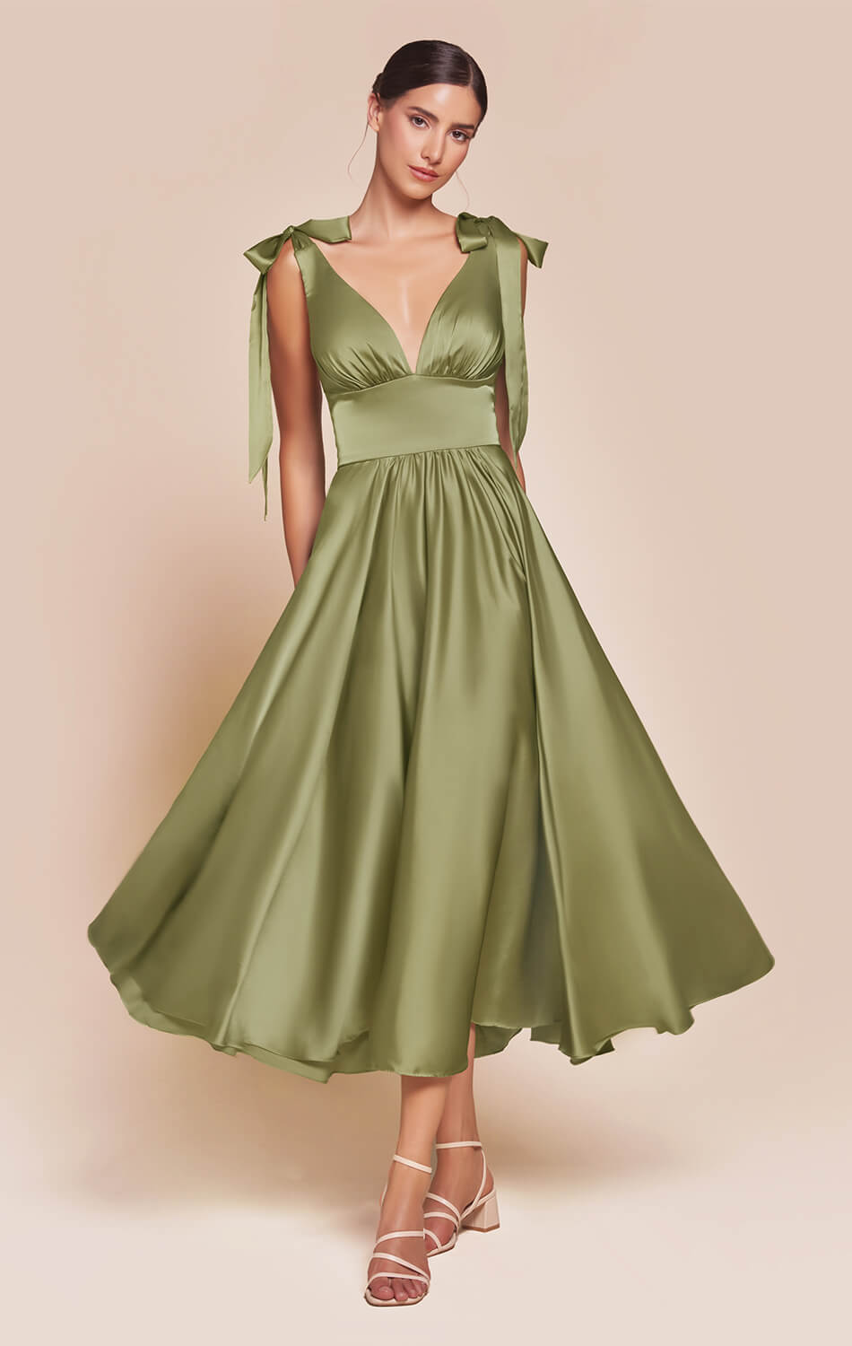 MAGGIE MIDI DRESS - GREENERY - TEA LENGTH SOFT SATIN A-LINE DRESS-Vavasi