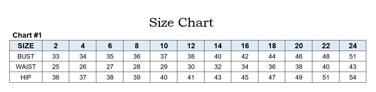 A size chart lists clothing sizes along with corresponding measurements for bust. waist. and hip for sizes 2 to 24. The measurements range from 33 to 51 inches for bust. 25 to 43 inches for waist. and 36 to 54 inches for hips.