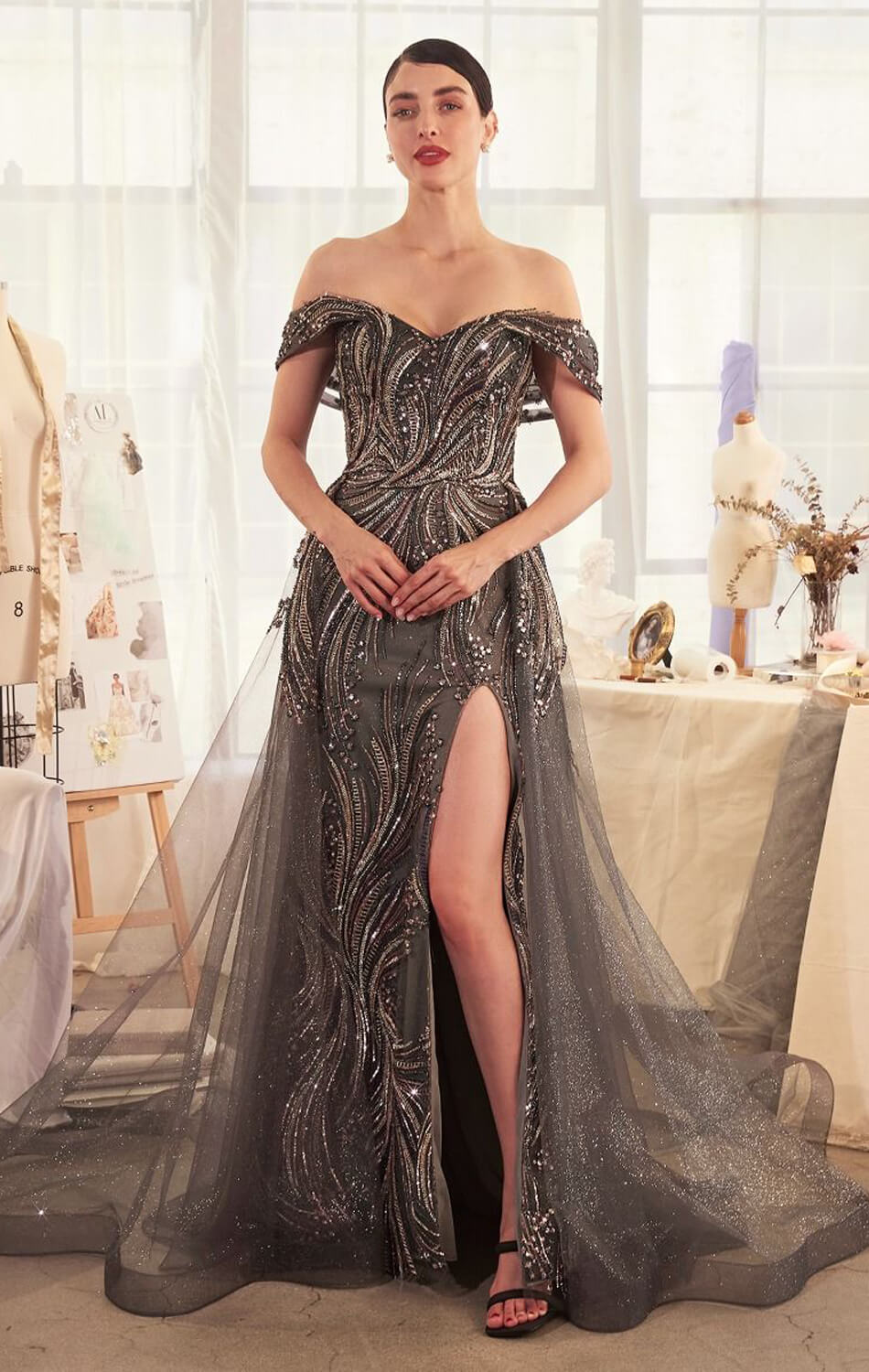 A1375 - OFF THE SHOULDER BEADED GOWN & OVERSKIRT - Andrea & Leo-Vavasi