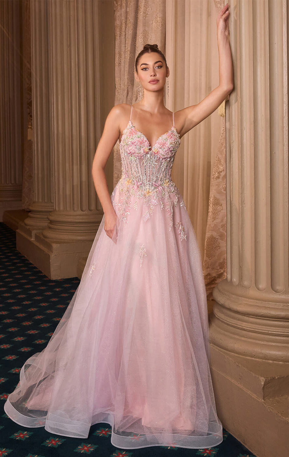 A1477 - FLORAL GLITTER TULLE BALL GOWN - ANDREA & LEO-Vavasi