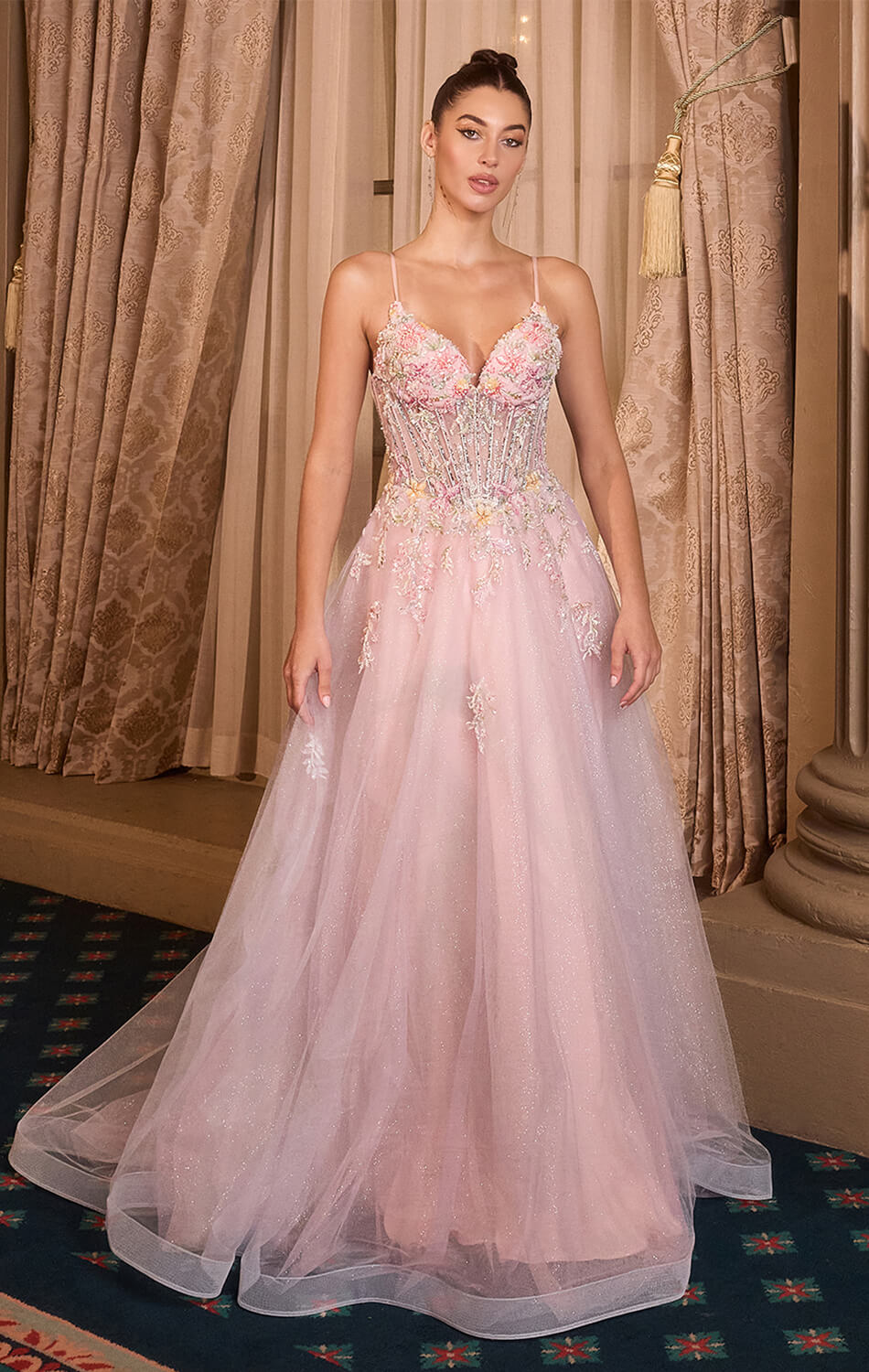 A1477 - FLORAL GLITTER TULLE BALL GOWN - ANDREA & LEO-Vavasi