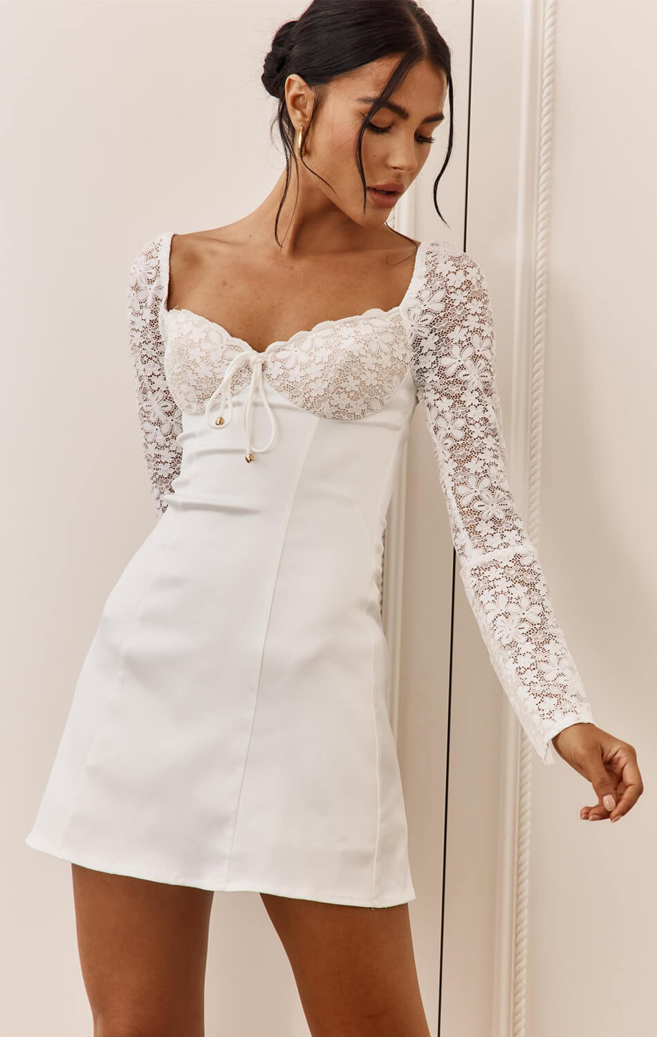 Carrie Mini Dress - White - Lace Sleeve Mini Dress-Vavasi