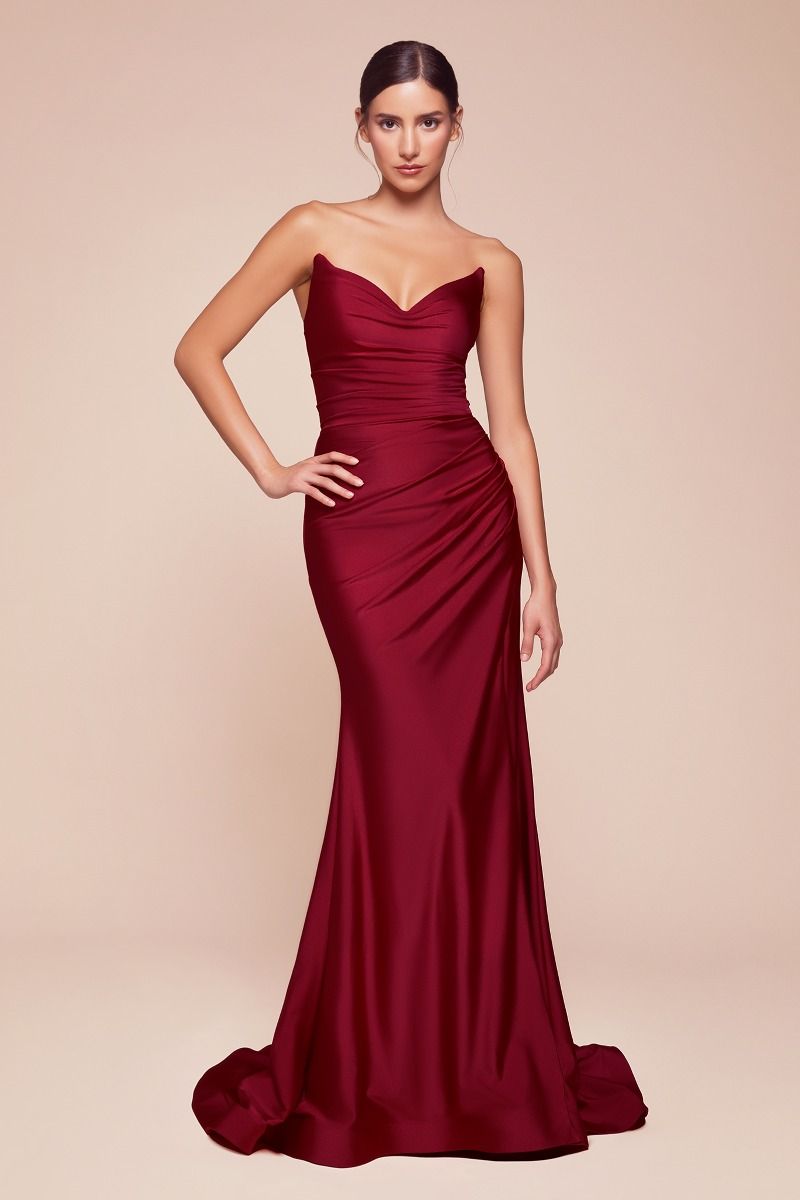 AVA POINTED V-NECKLINE GOWN - BURGUNDY - STRAPLESS STRETCH SPANDEX SATIN FITTED GOWN-Vavasi