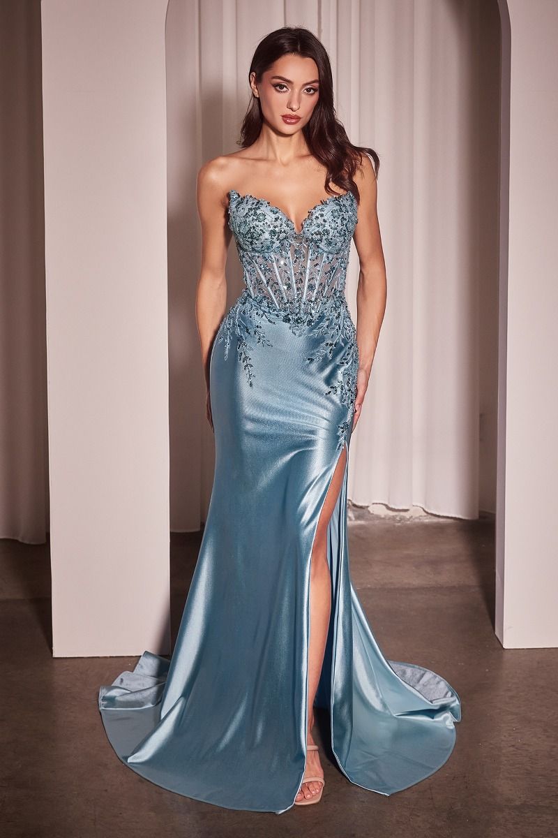Alexis Gown - Light Blue - SATIN & LACE STRAPLESS FITTED GOWN-Vavasi