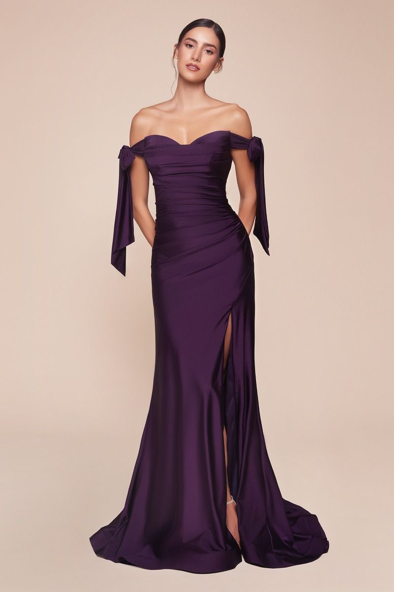 Amber Gown - Eggplant - Off Shoulder Stretch Spandex Satin Dress With Ties-Vavasi