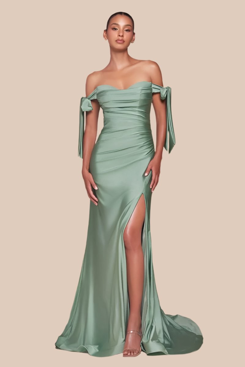 Amber Gown - Dark Sage - Off Shoulder Stretch Spandex Satin Dress With Ties-Vavasi