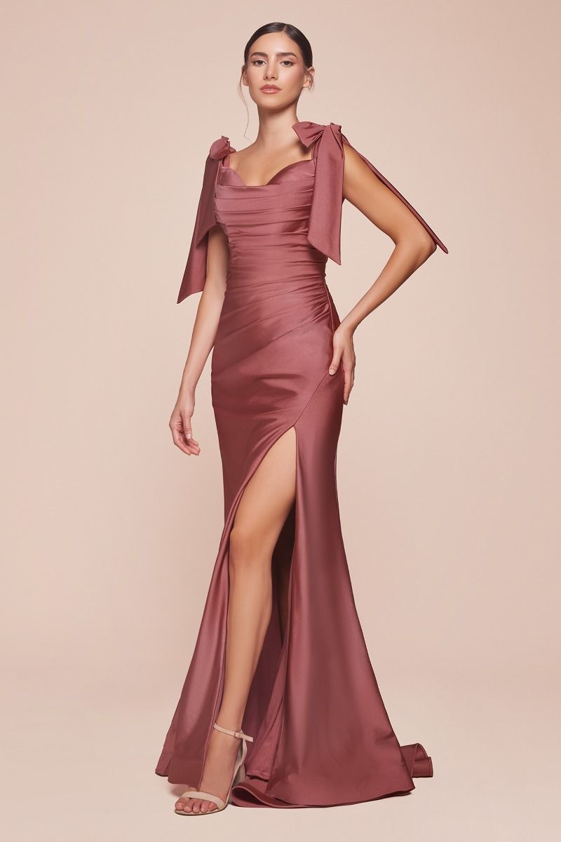 Amber Gown - Sienna Rose - Off Shoulder Stretch Spandex Satin Dress With Ties-Vavasi
